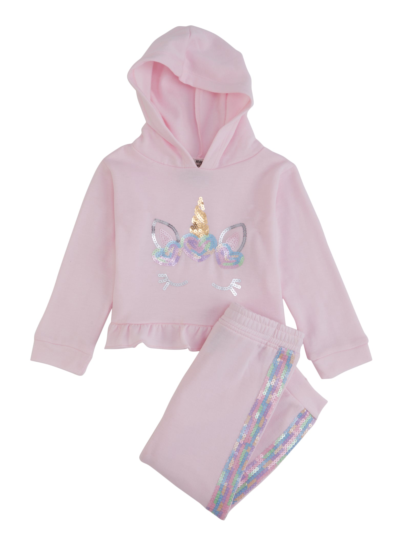 Toddler Girls Ruffled Trim Sequin Hoodie and Joggers
