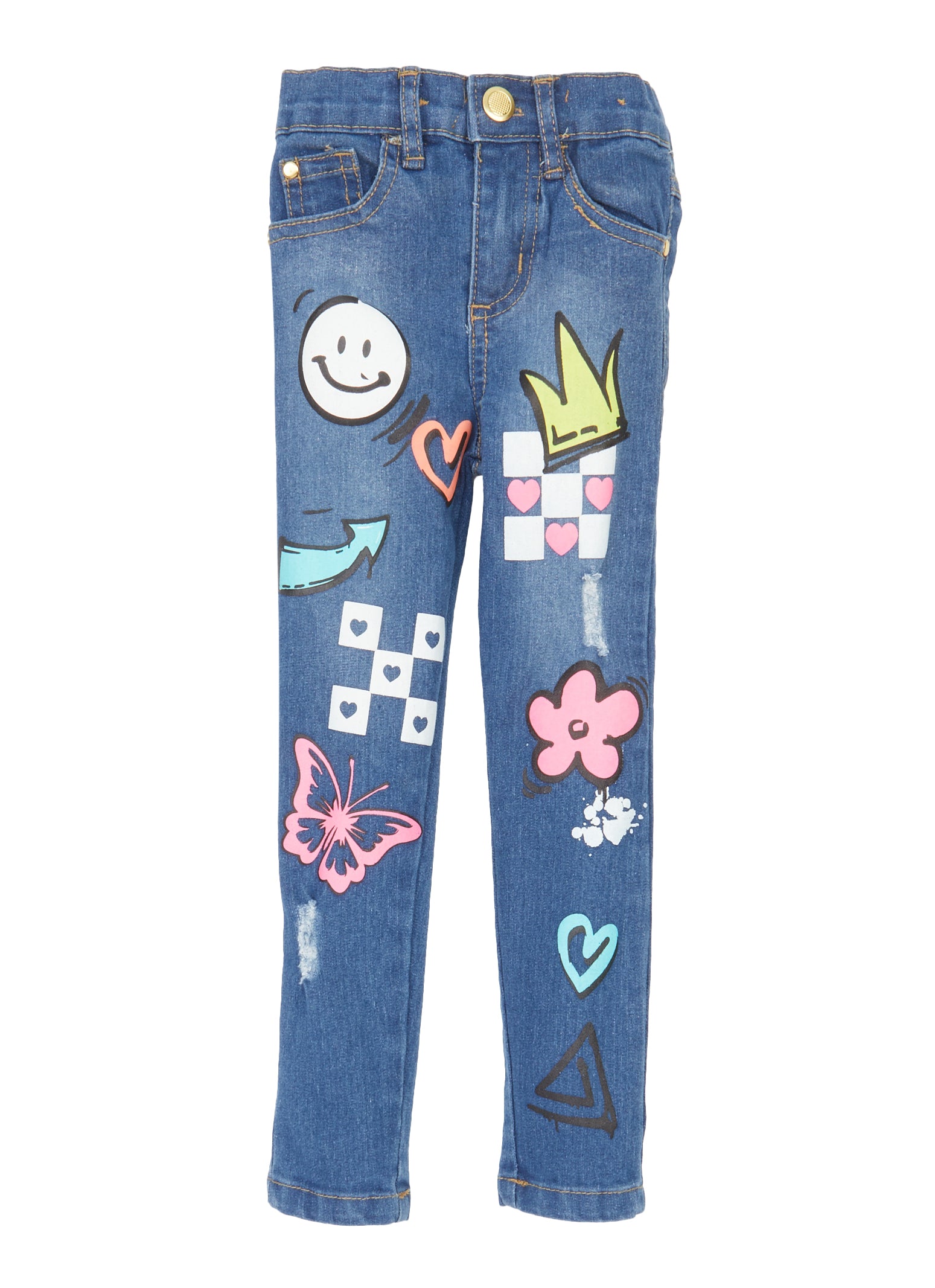 Toddler Girls Checkered Smiley Graphic Skinny Jeans