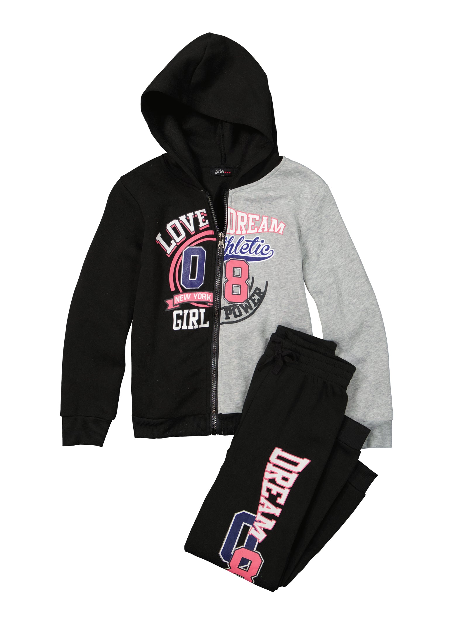 Girls Graphic Color Block Zip Up Hoodie and Joggers Set - Gray