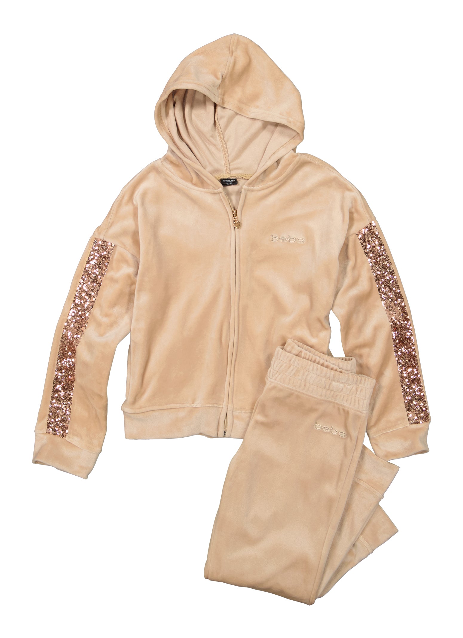 Girls Bebe Velour Zip Front Hoodie and Joggers Set - Beige