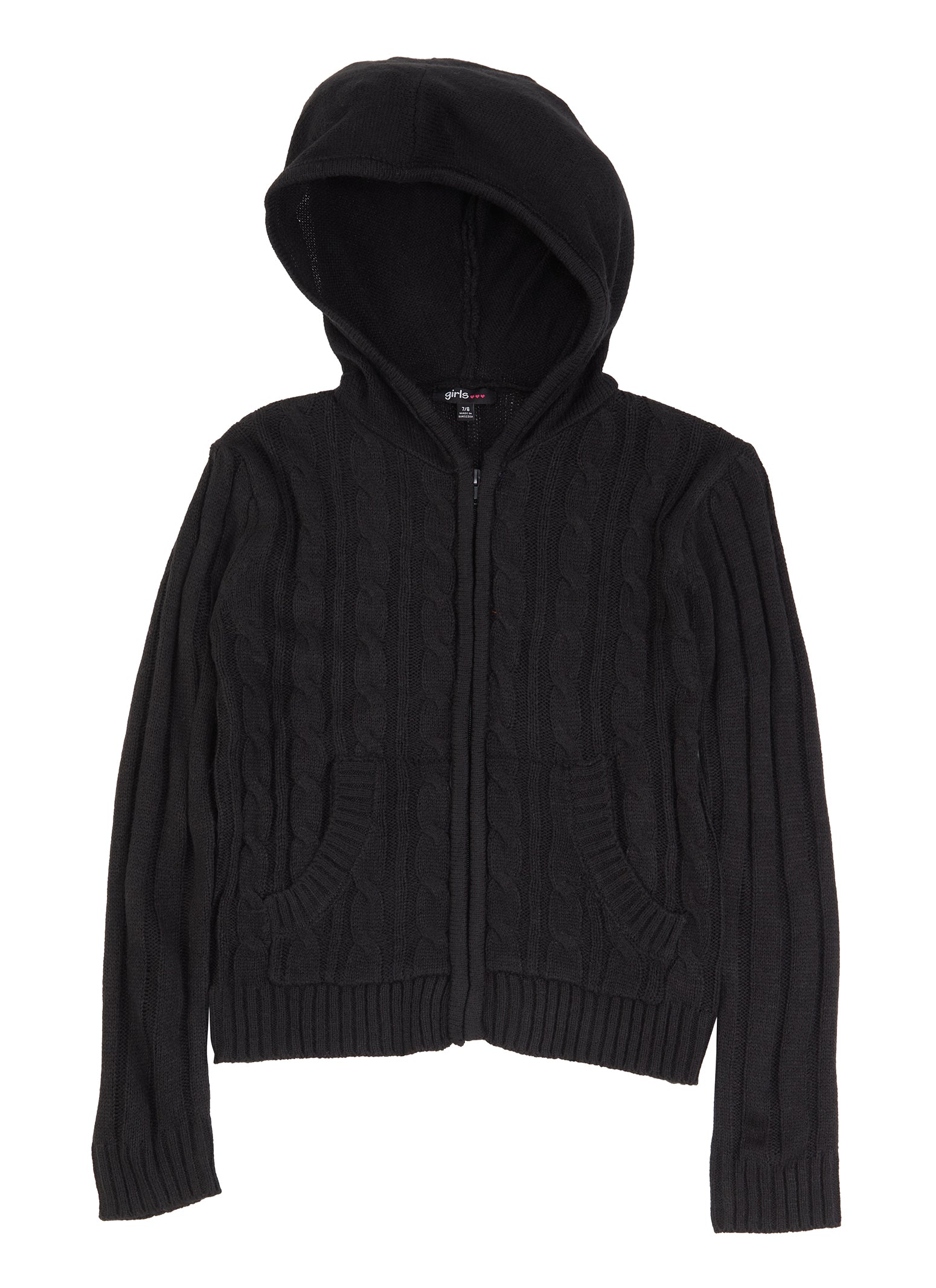 Girls Cable Knit Hooded Zip Front Sweater - Black