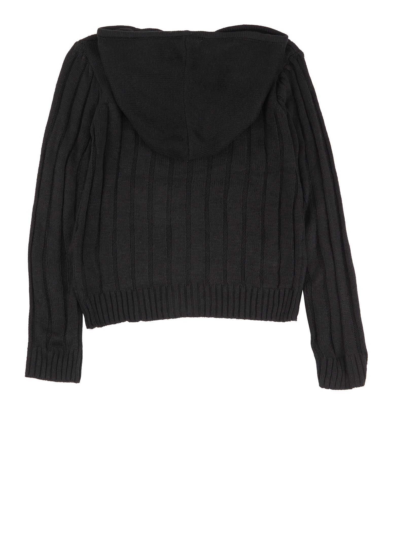 Girls Cable Knit Hooded Zip Front Sweater - Black
