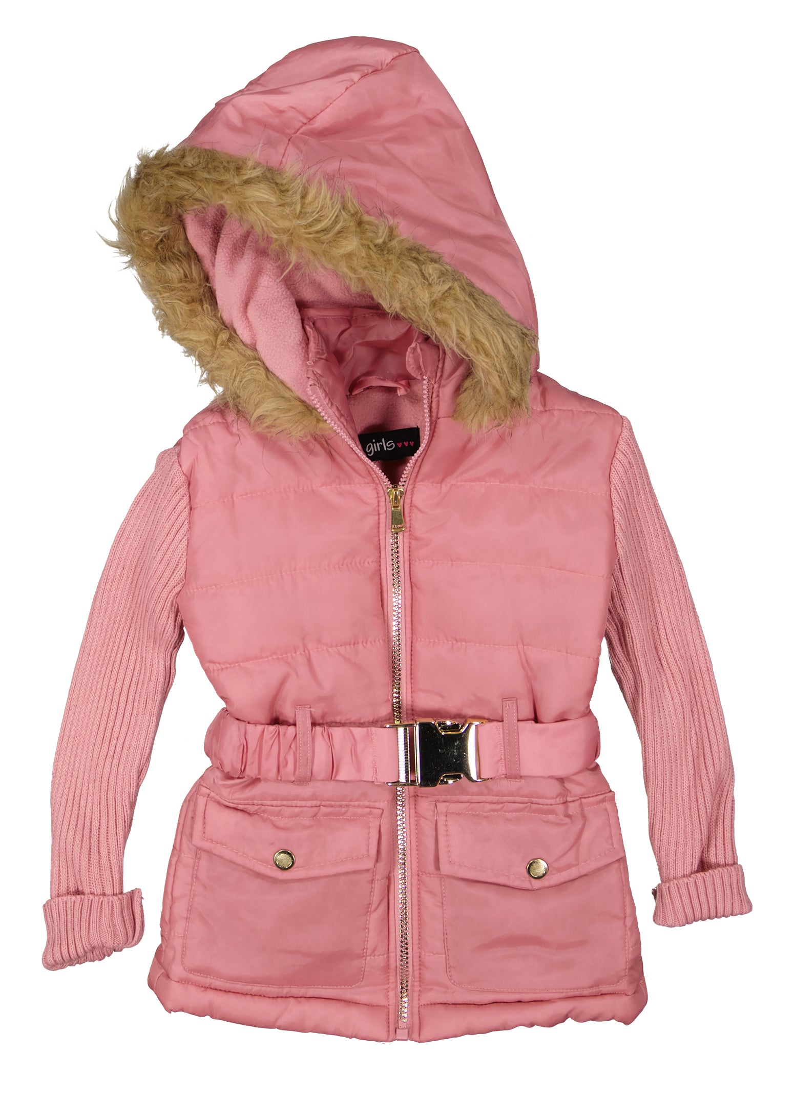 Little Girls Faux Fur Hooded Belted Jacket