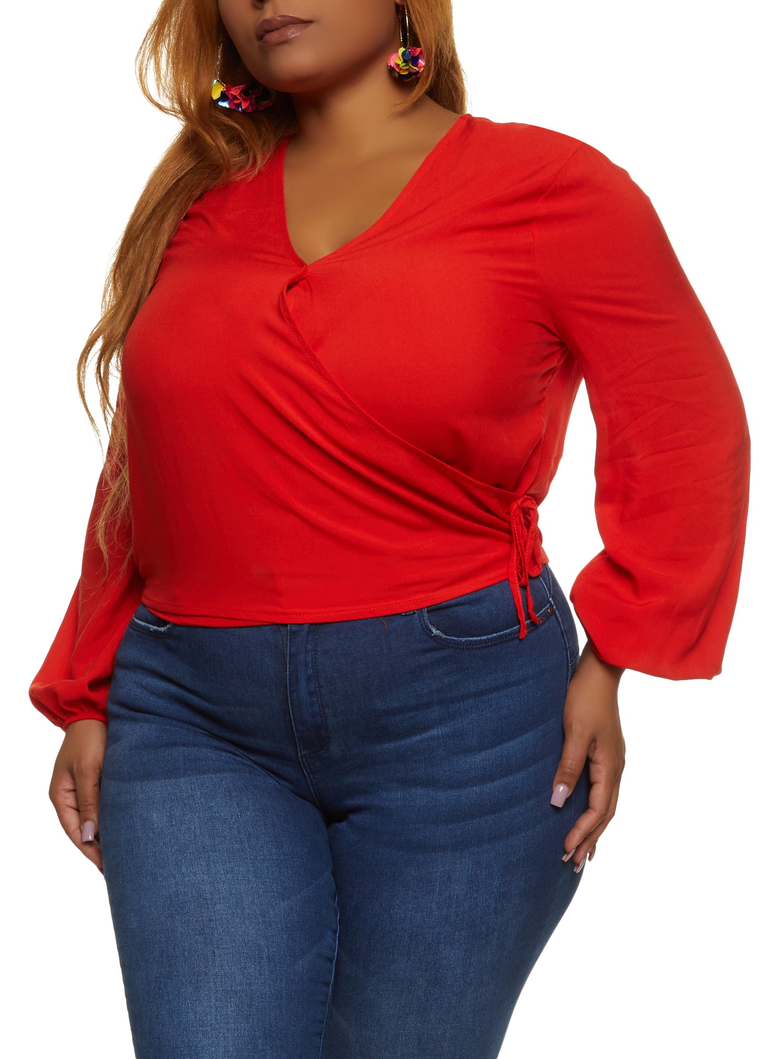 Plus Size Puff Sleeve Side Tie Wrap Top
