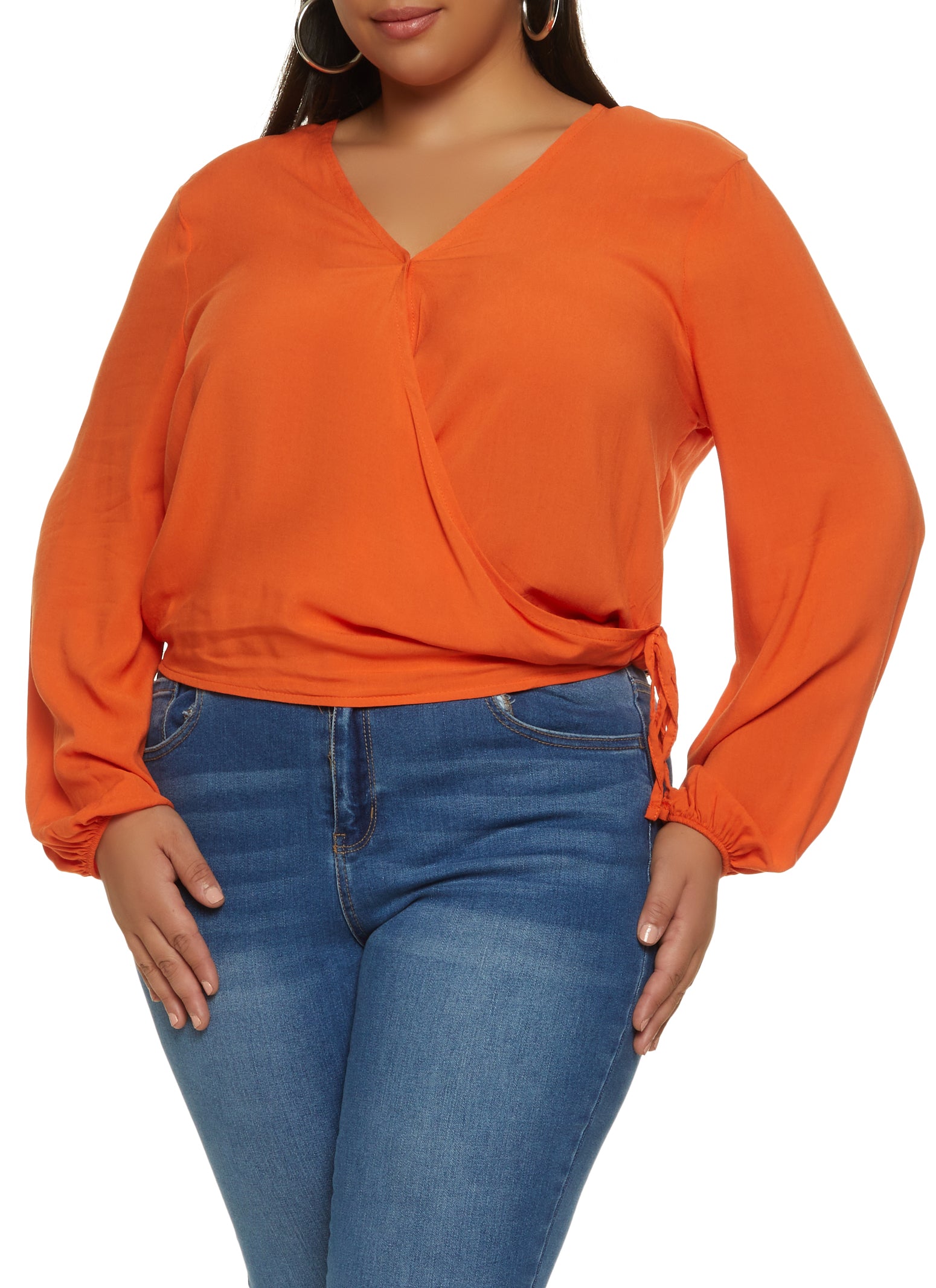 Plus Size Puff Sleeve Side Tie Wrap Top