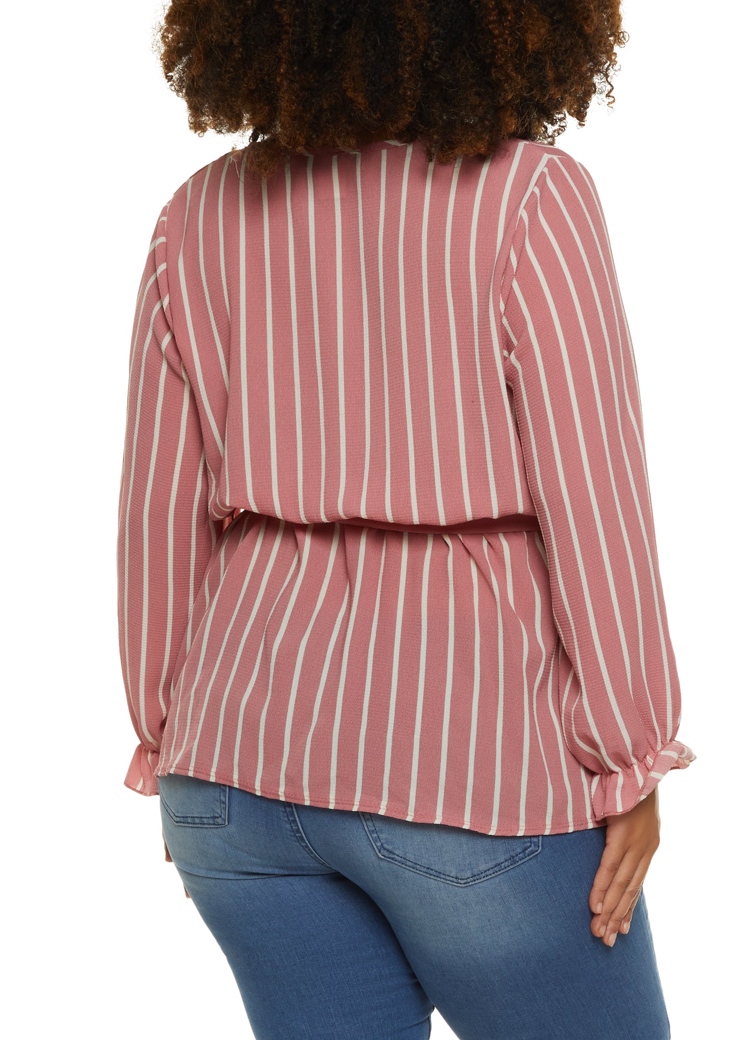 Plus Size Striped Tie Waist Belted Wrap Top