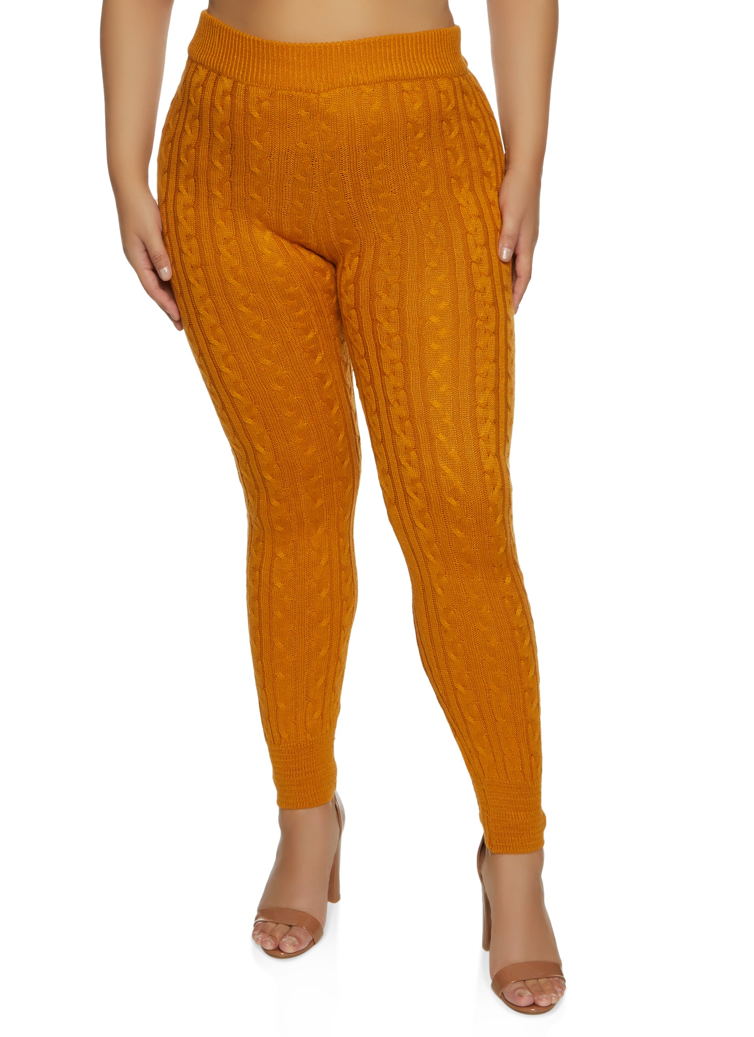 Plus Size Cable Knit High Waist Leggings - Mustard