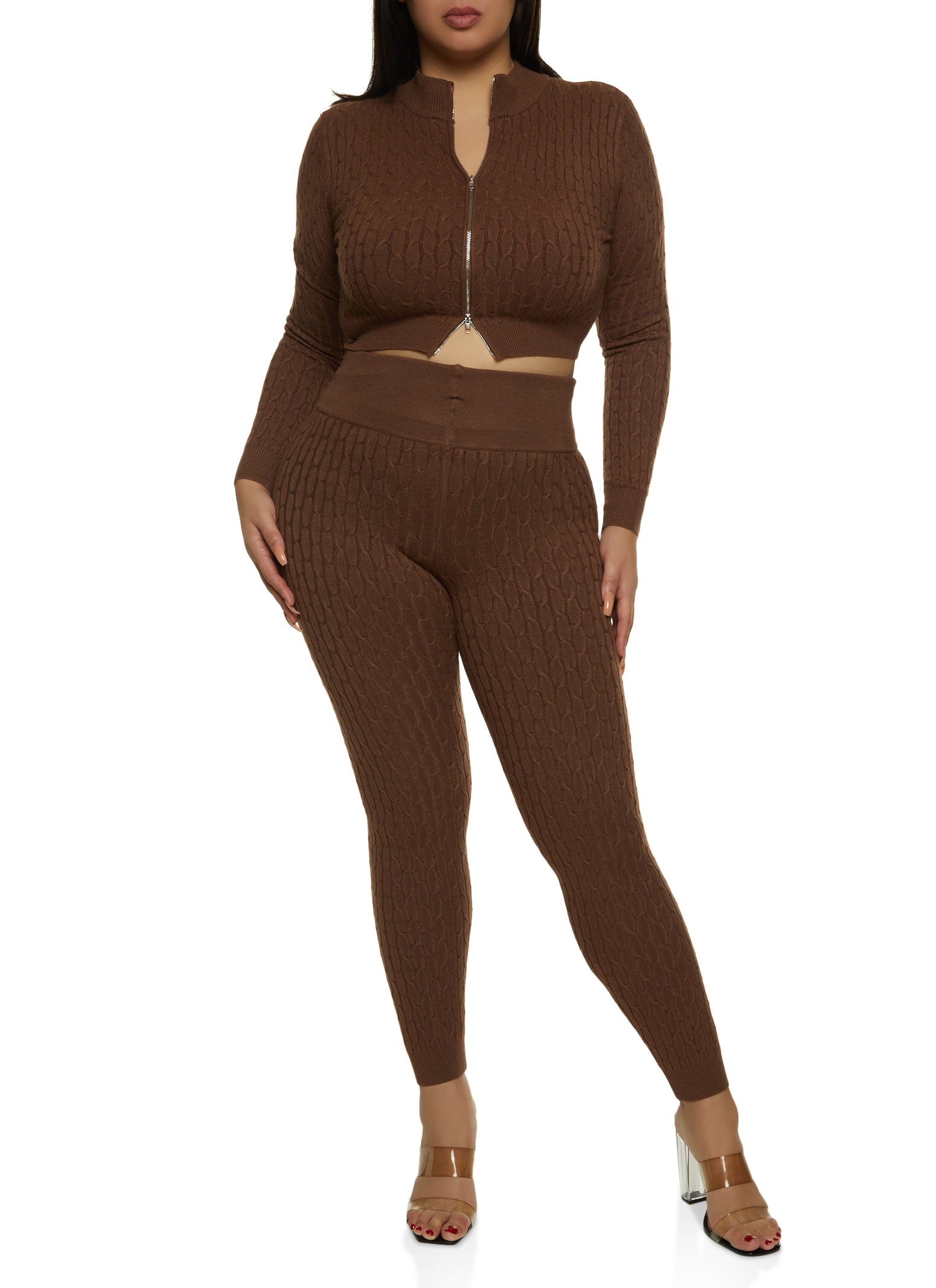 Plus Size Cable Knit Zip Front Cropped Sweater