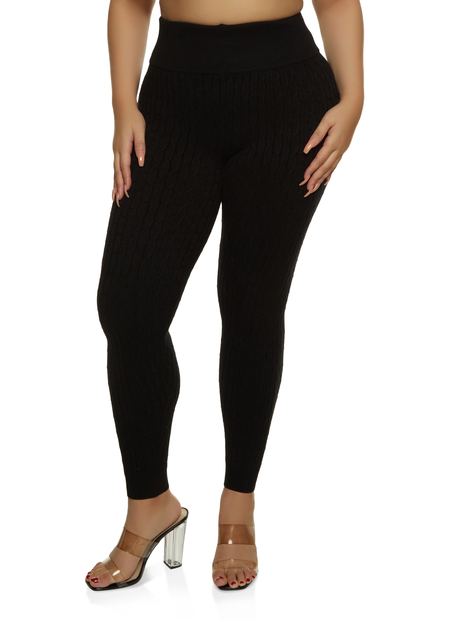 Plus Size Cable Knit High Waisted Leggings - Black