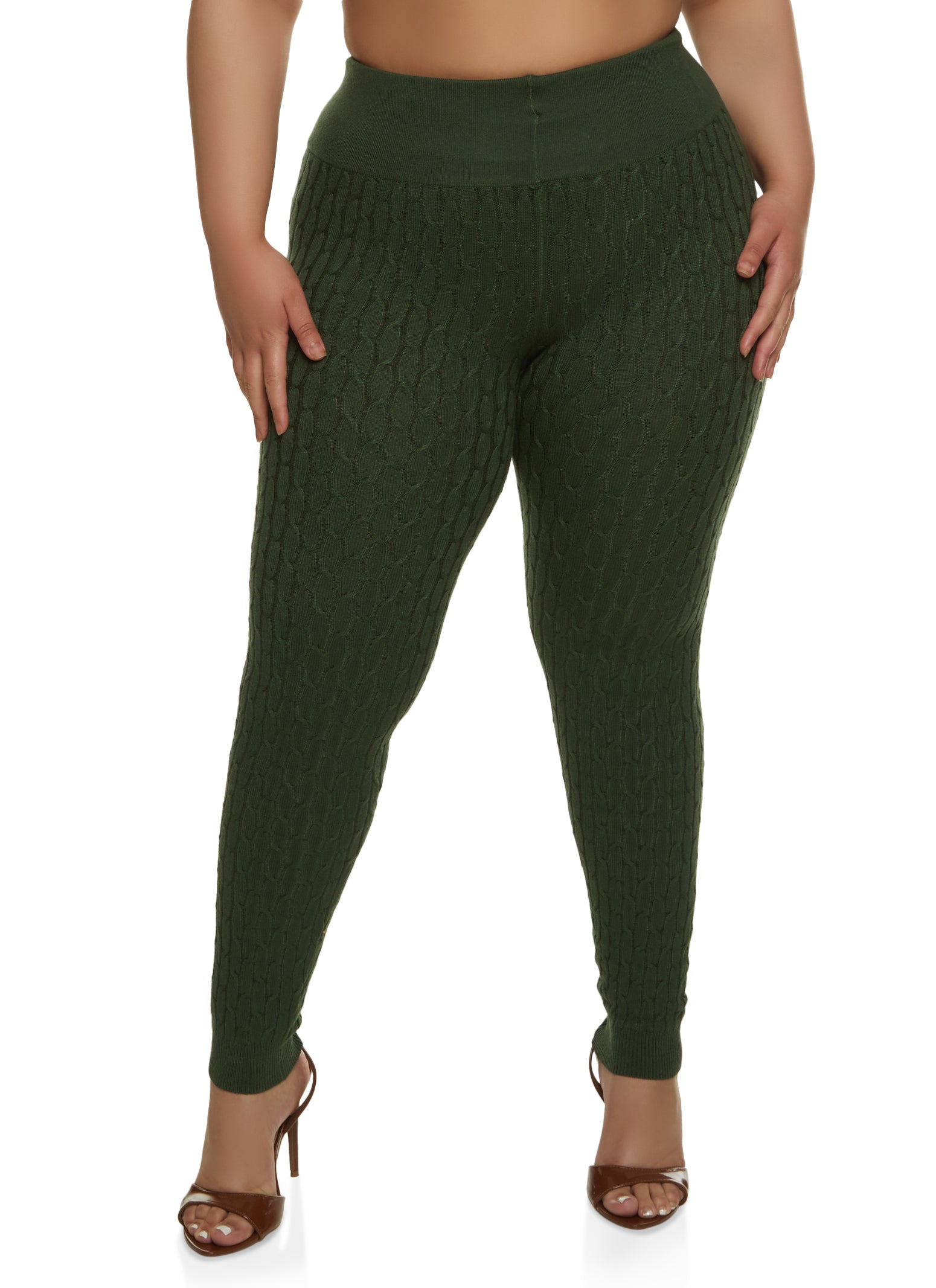 Plus Size Cable Knit High Waisted Leggings - Olive