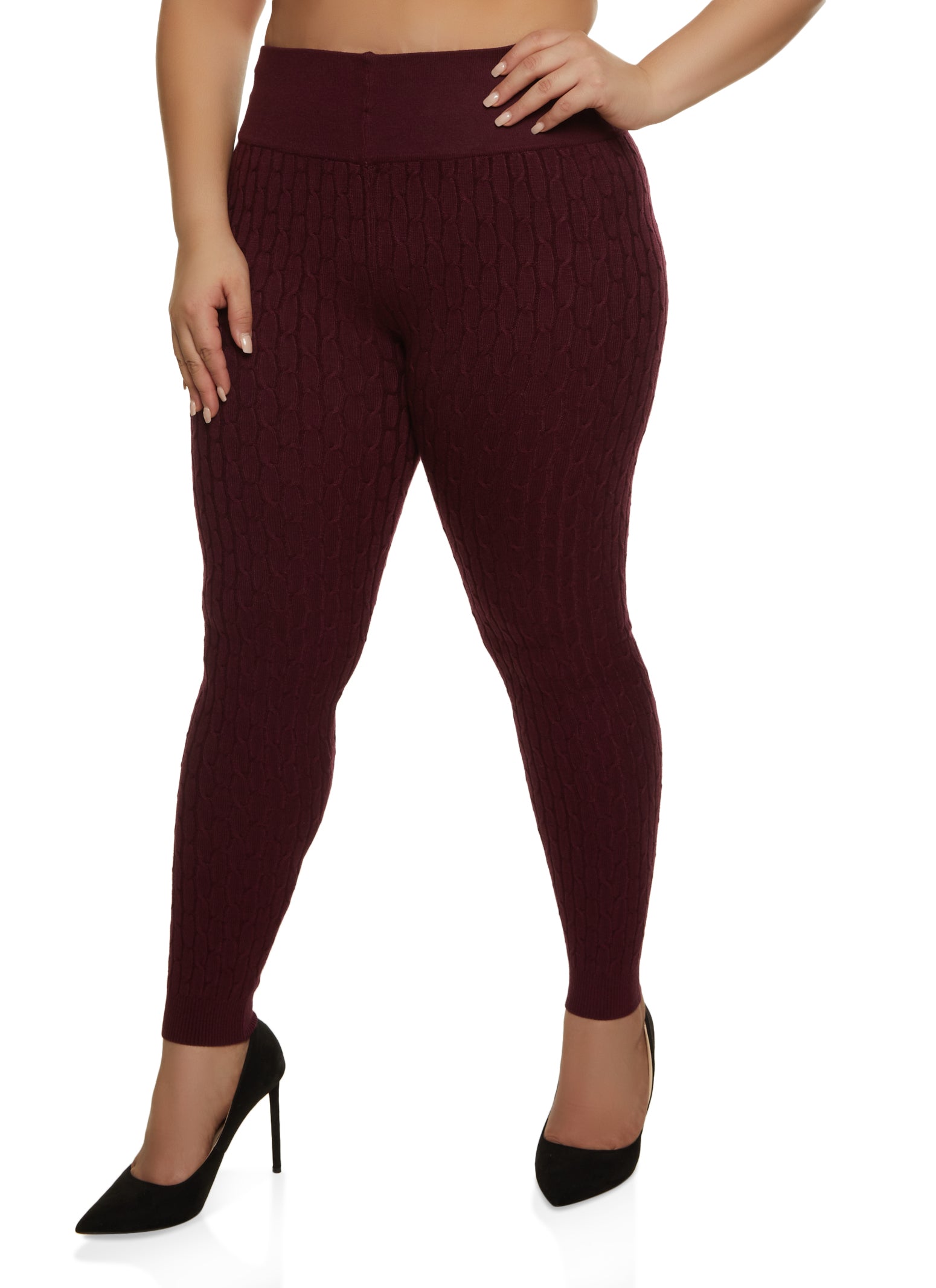 Plus Size Cable Knit High Waisted Leggings - Burgundy