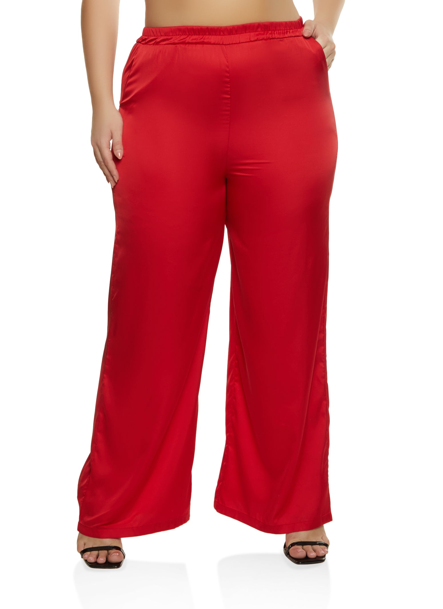 Plus Size Wide Leg Satin Pants - Red