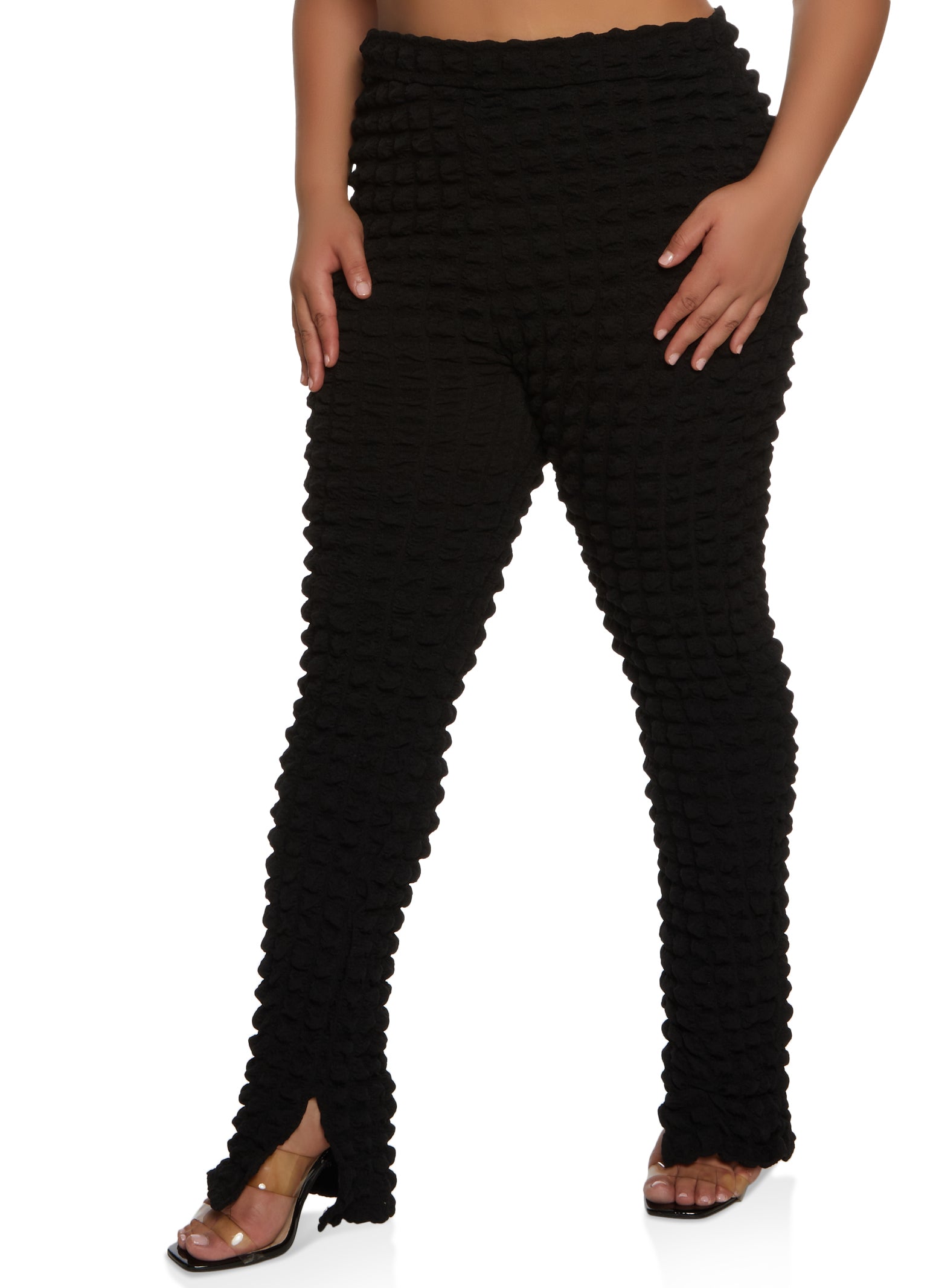 Plus Size Bubble Knit High Waist Split Hem Pants