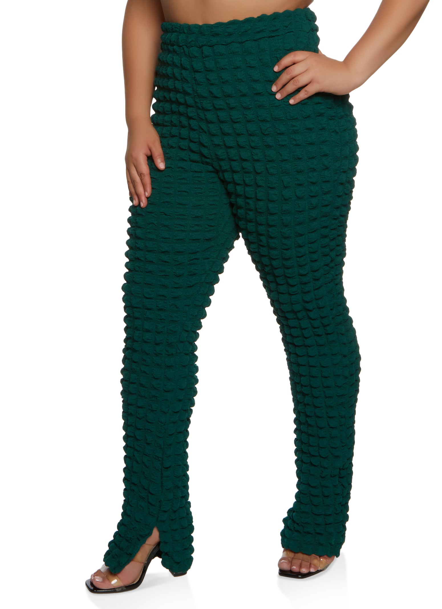 Plus Size Bubble Knit High Waist Split Hem Pants