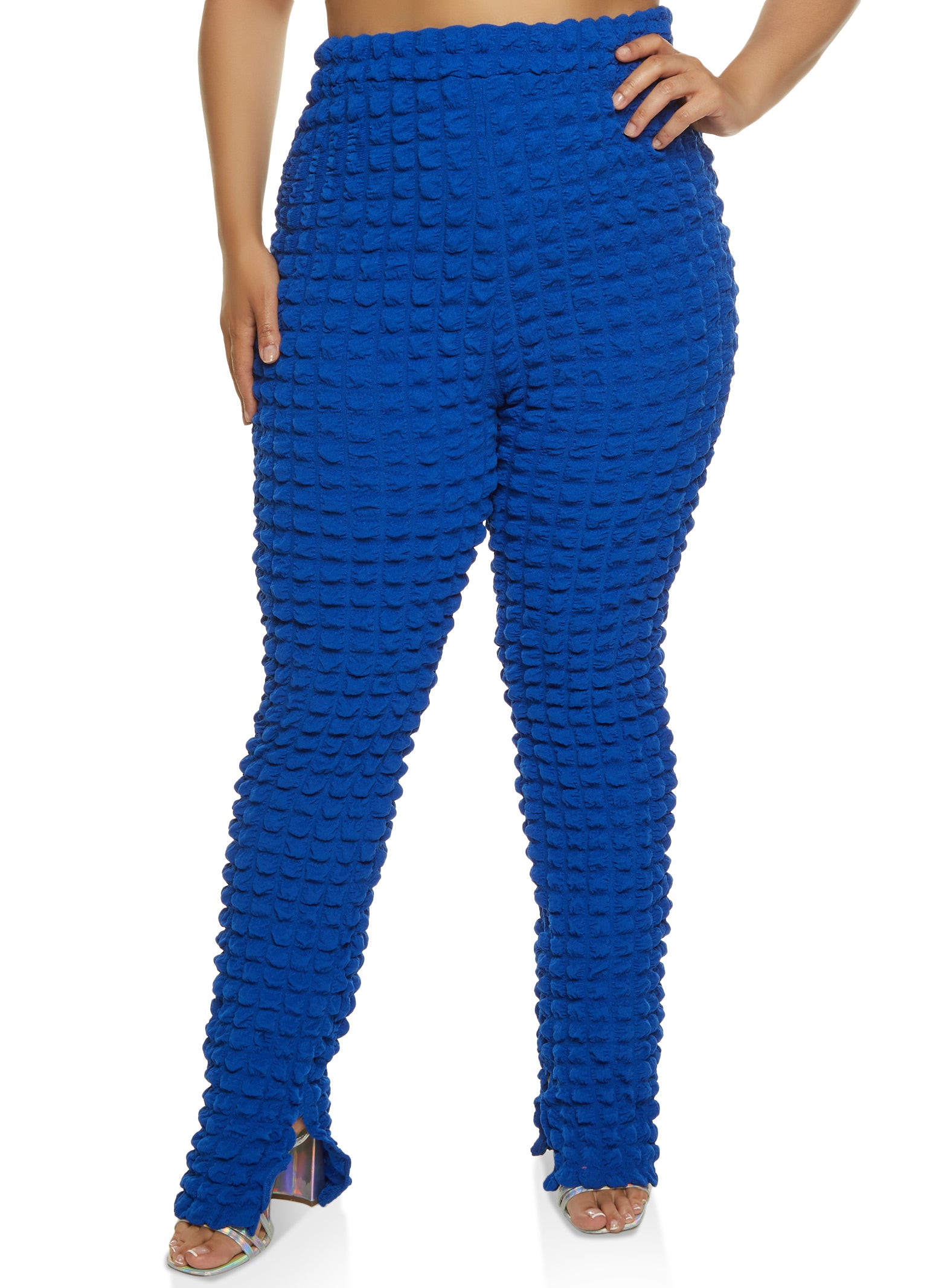 Plus Size Bubble Knit High Waist Split Hem Pants