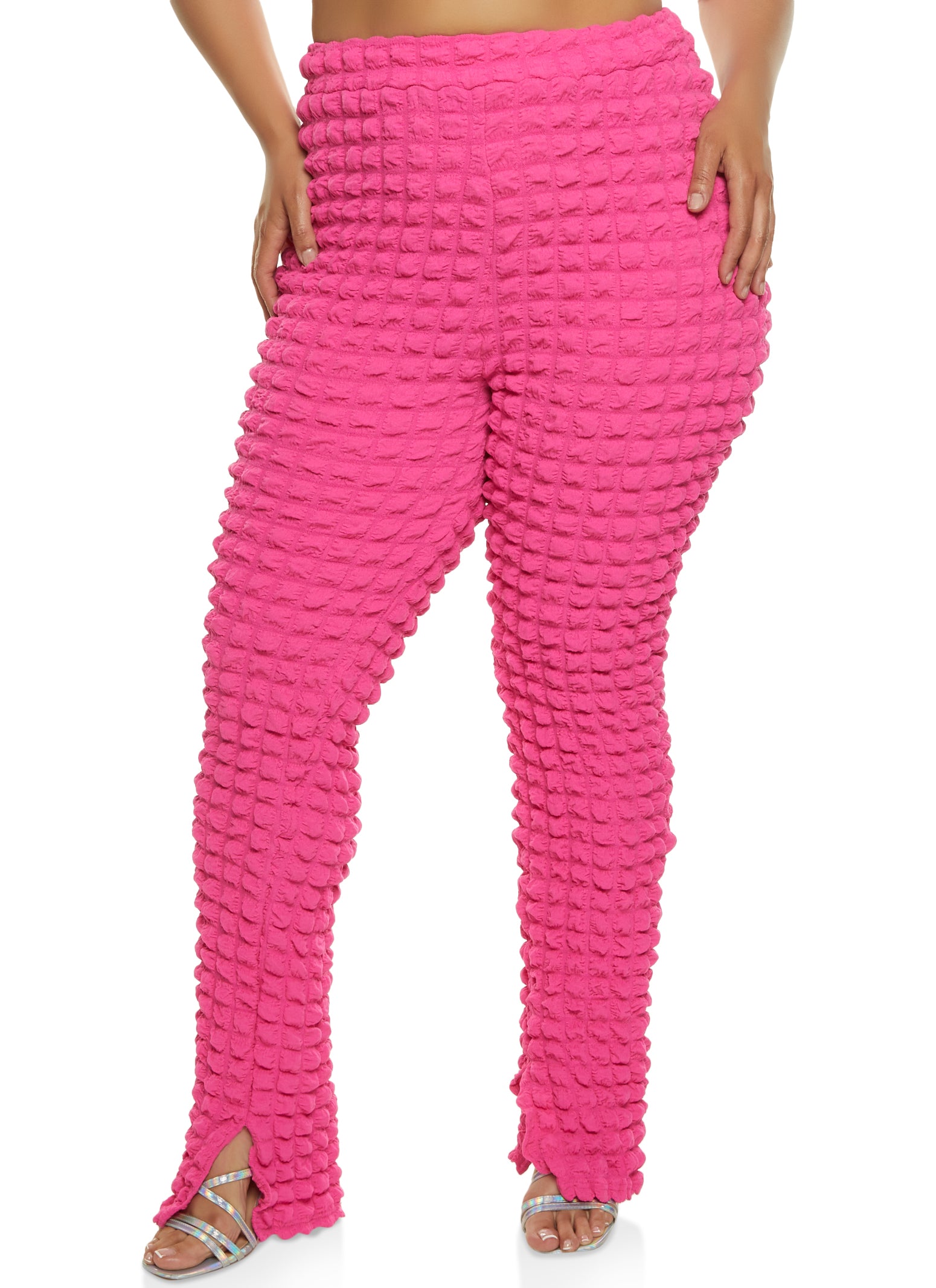 Plus Size Bubble Knit High Waist Split Hem Pants