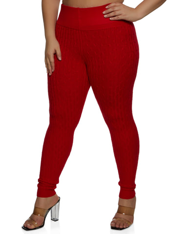 Plus Size High Waist Cable Knit Leggings - Red