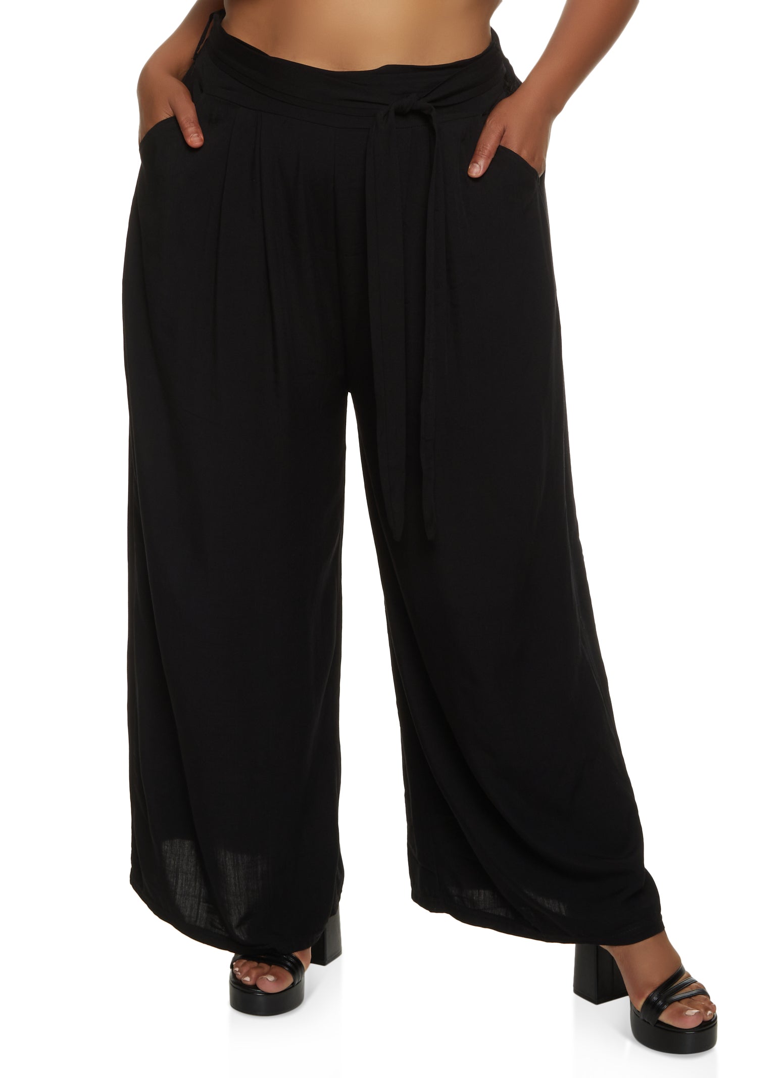 Plus Size Solid Tie Waist Belted Palazzo Pants