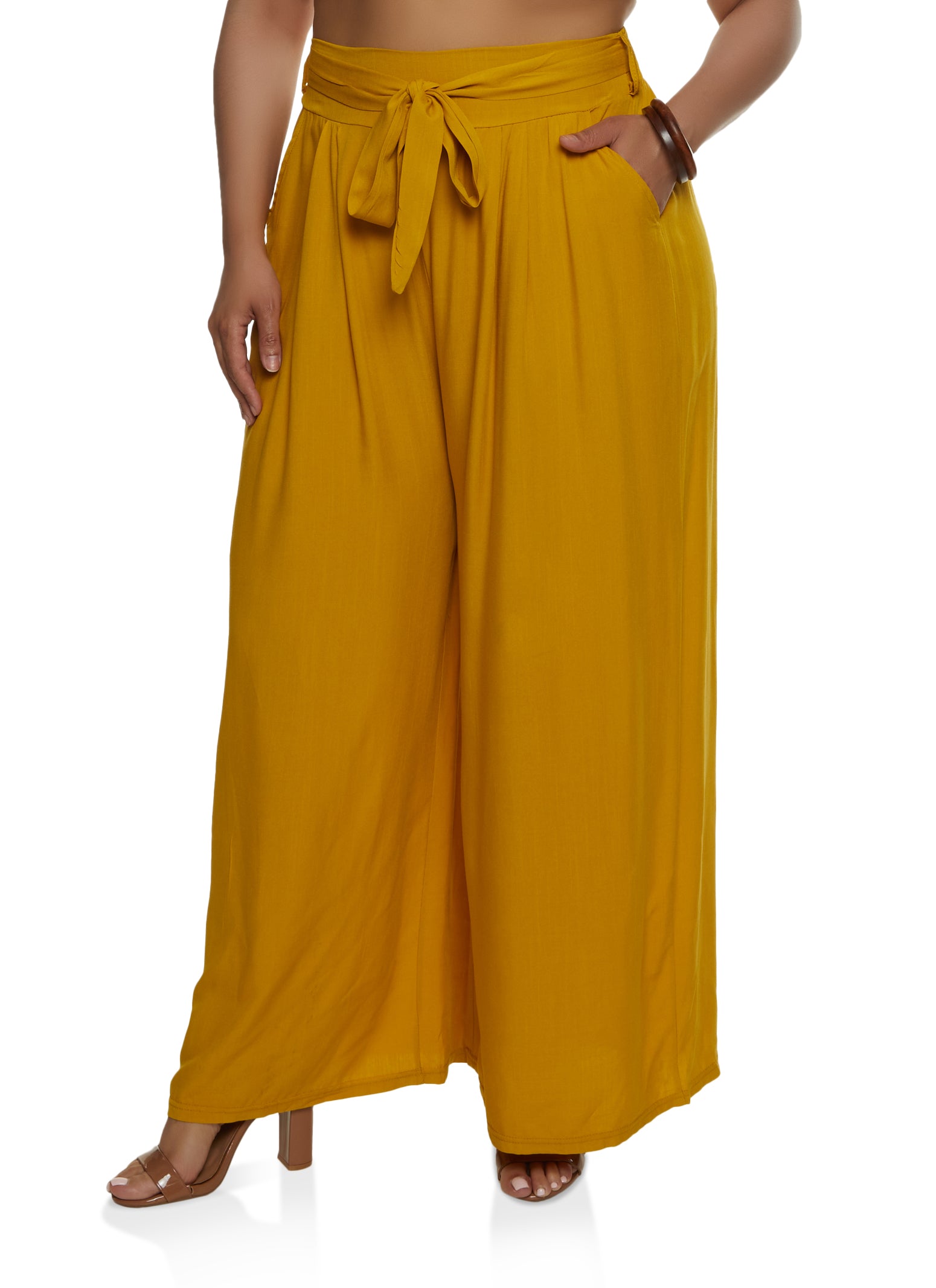 Plus Size Solid Tie Waist Belted Palazzo Pants