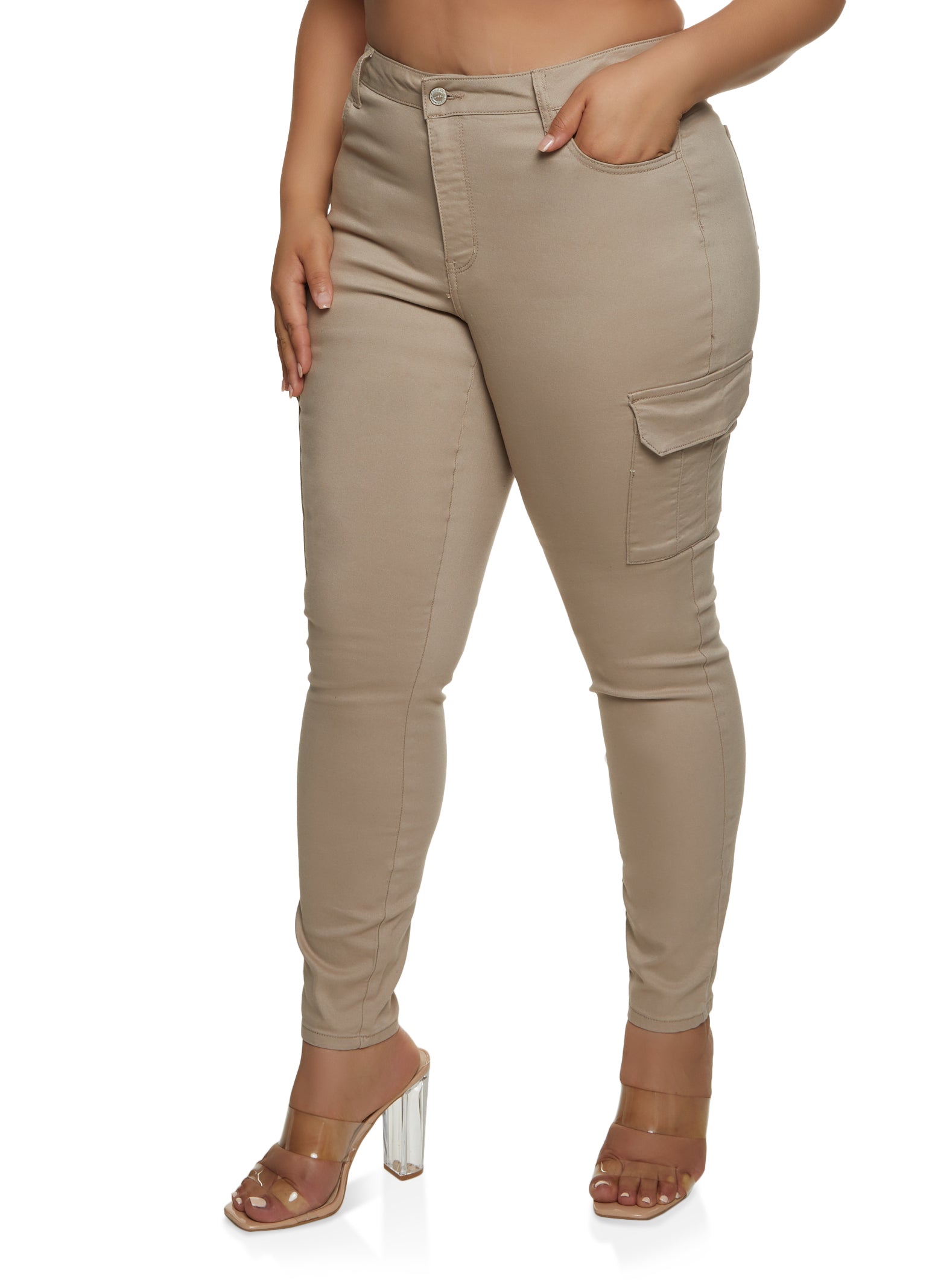 Plus Size Cargo Pocket Skinny Pants - Khaki