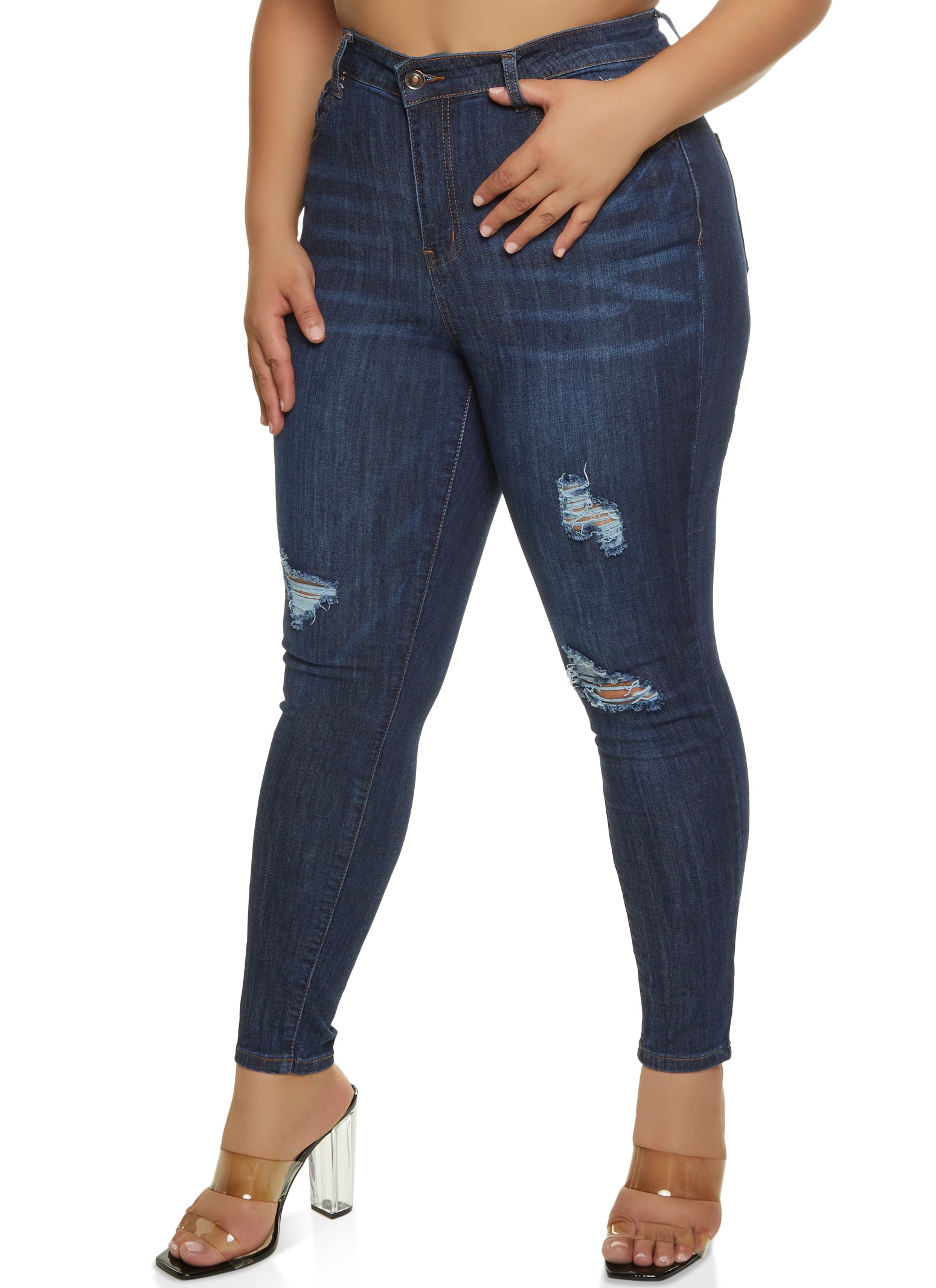 Plus Size WAX Distressed Whiskered High Waisted Skinny Jeans - Dark Wash