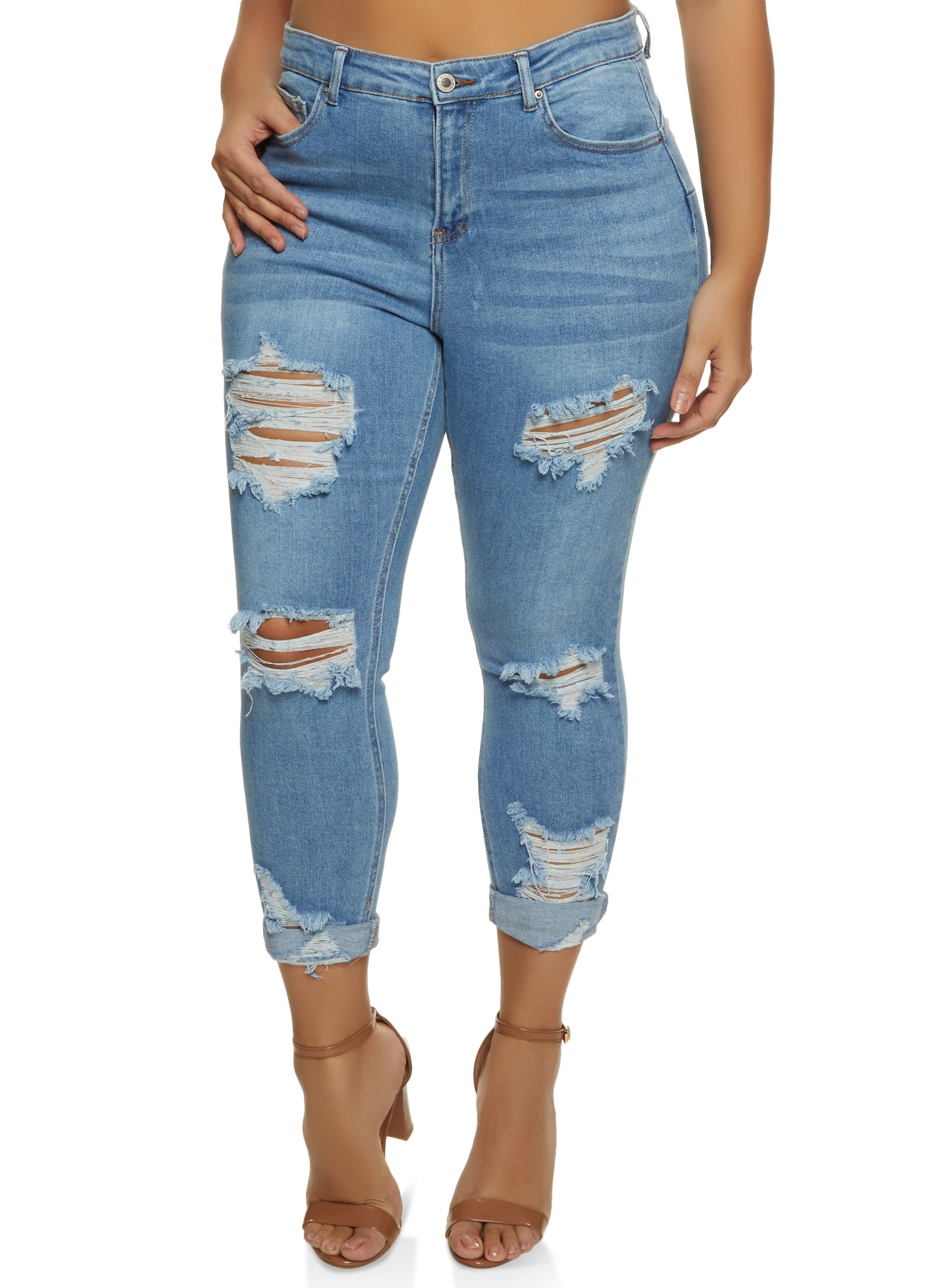 Plus Size WAX Distressed Rolled Cuff Jeans - Medium Wash