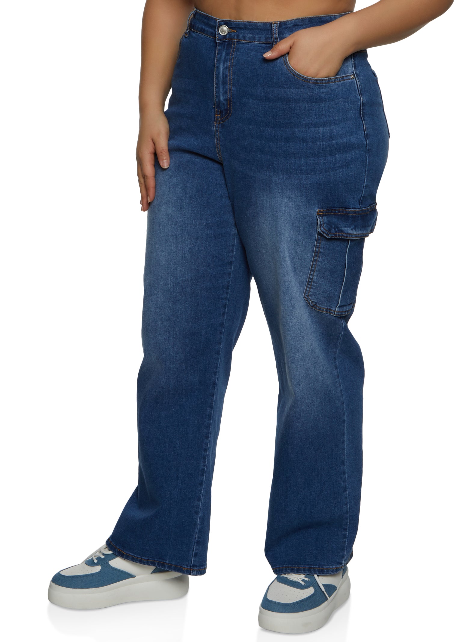 Plus Size WAX Whiskered Wide Leg Cargo Jeans - Medium Wash