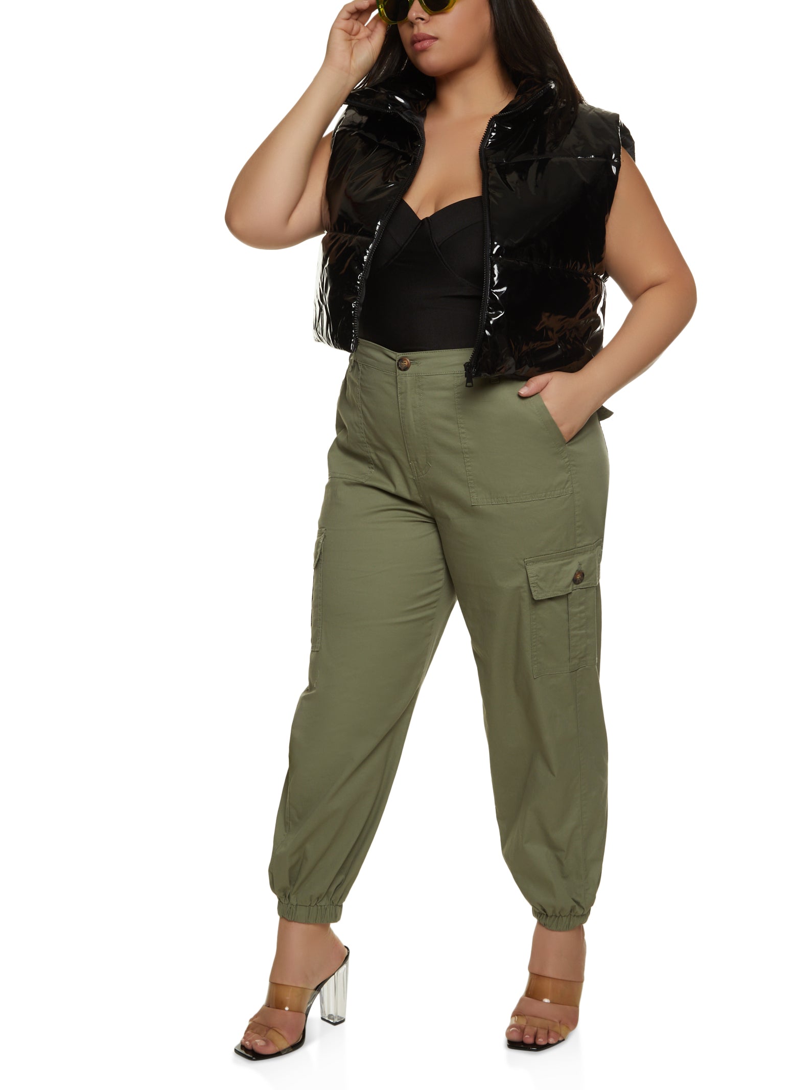 Plus Size Button Detail Cargo Joggers