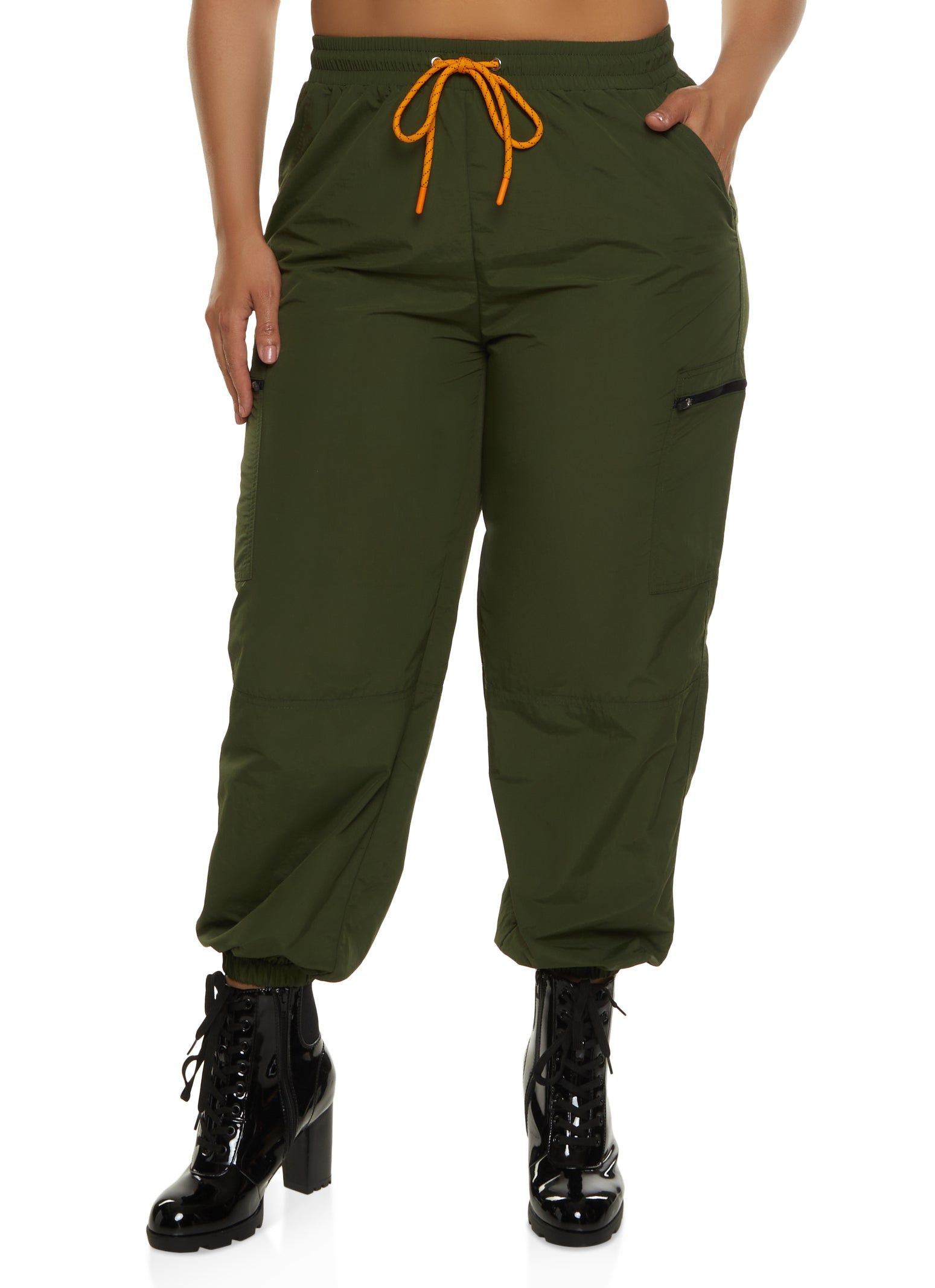 Plus Size Nylon Zip Pocket Joggers - Olive