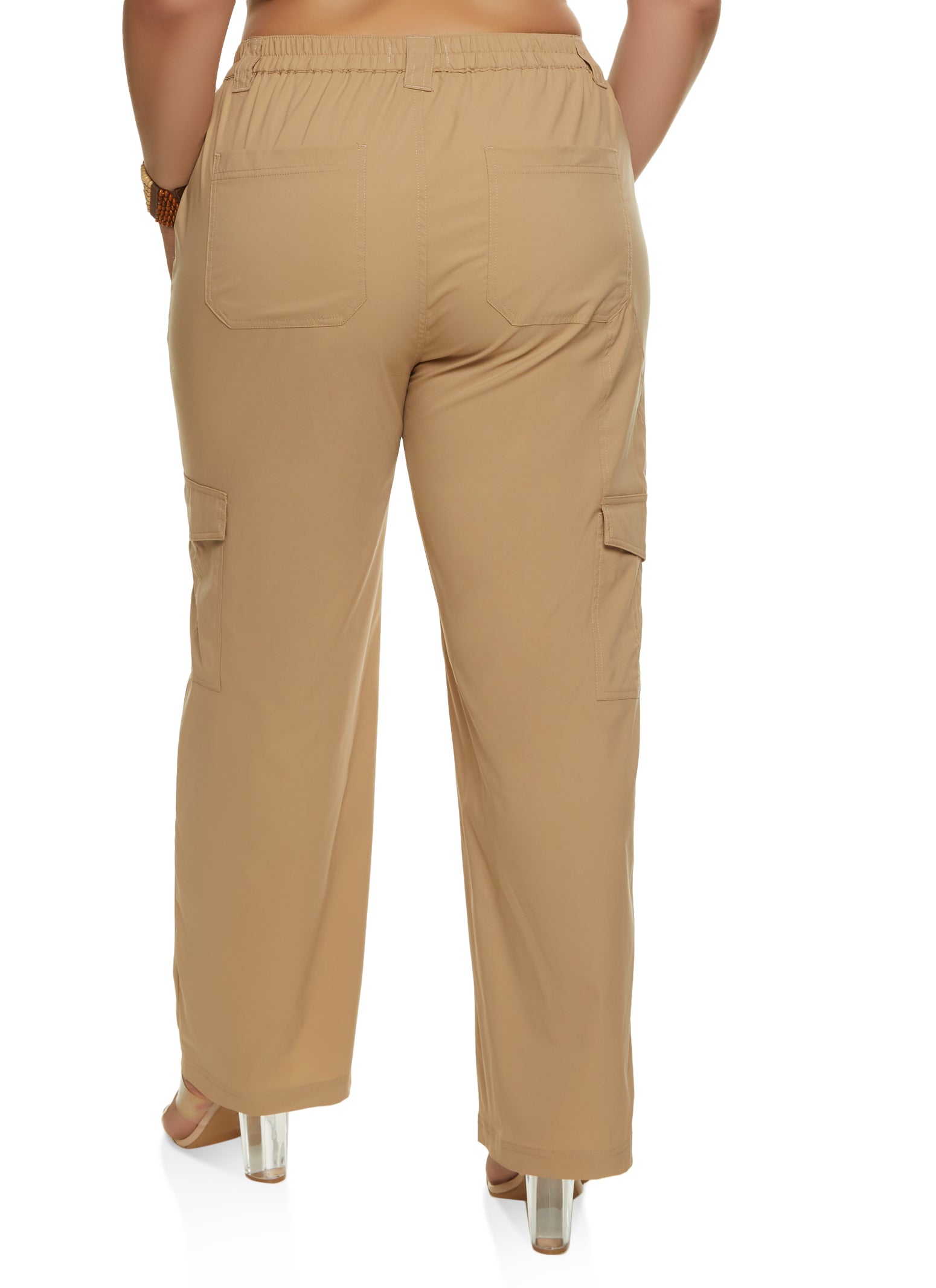 Plus Size Nylon Wide Leg Cargo Pants - Khaki