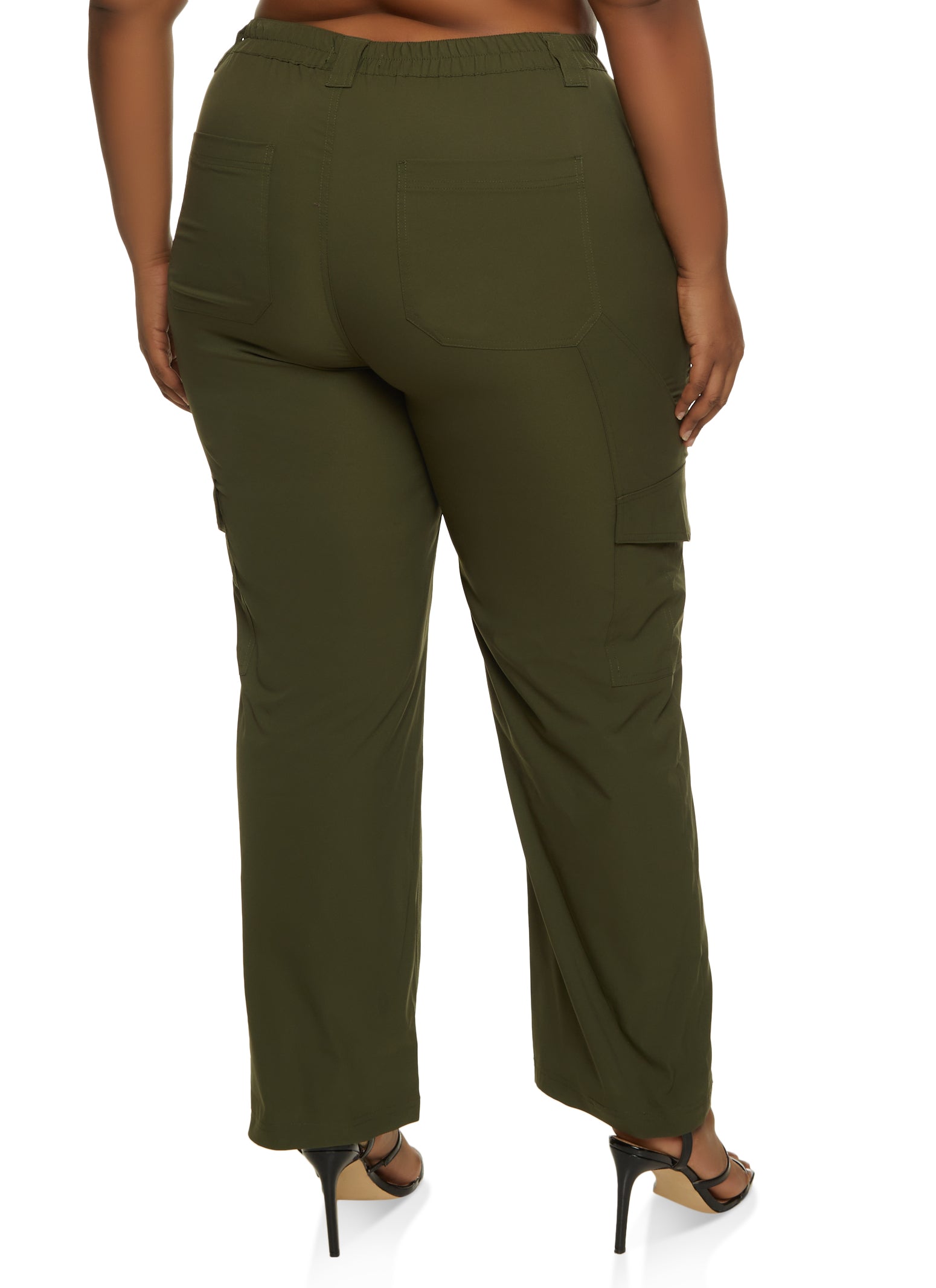 Plus Size Nylon Wide Leg Cargo Pants - Olive