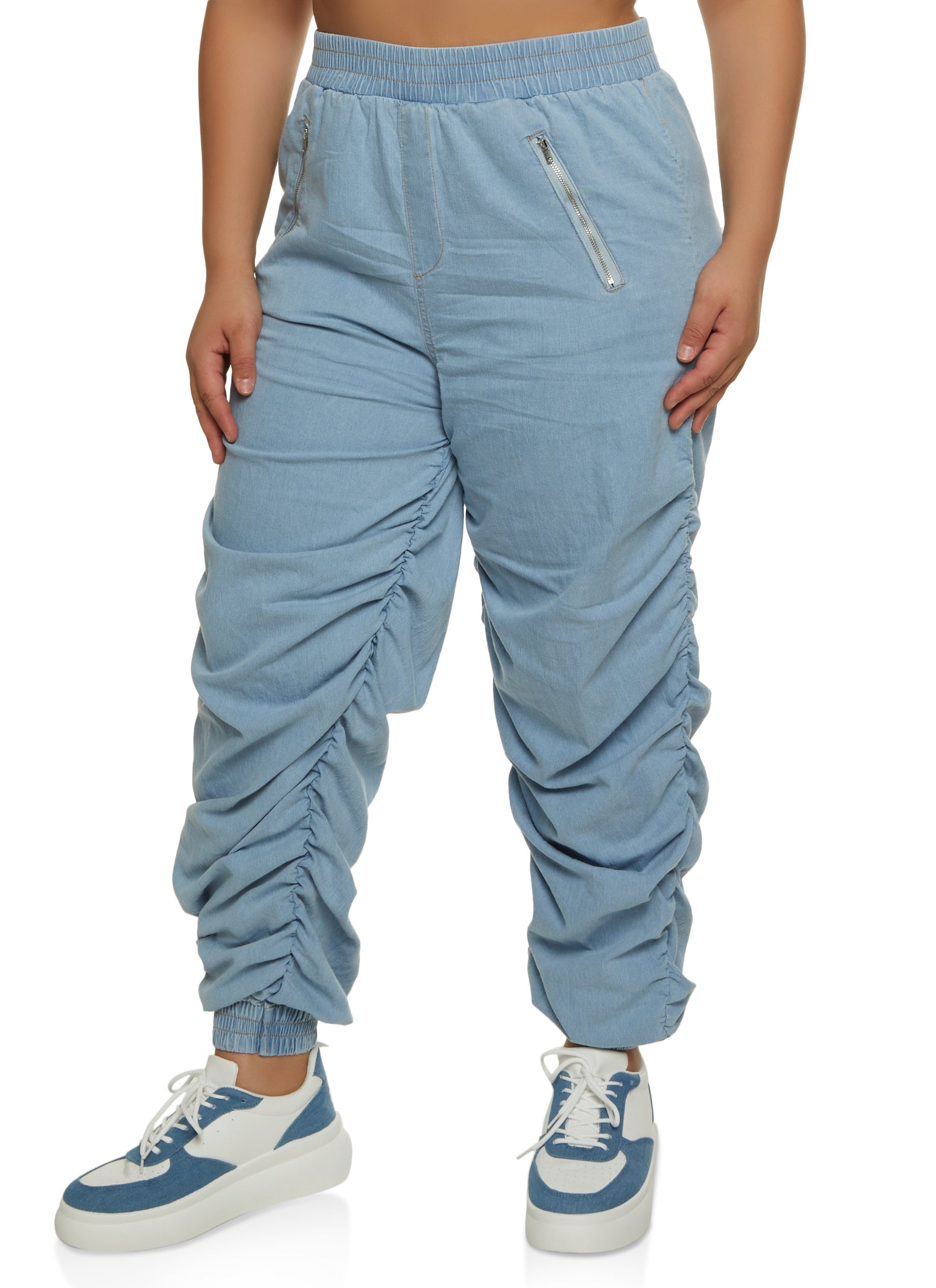 Plus Size Almost Famous Denim High Waist Stacked Joggers - Light Wash