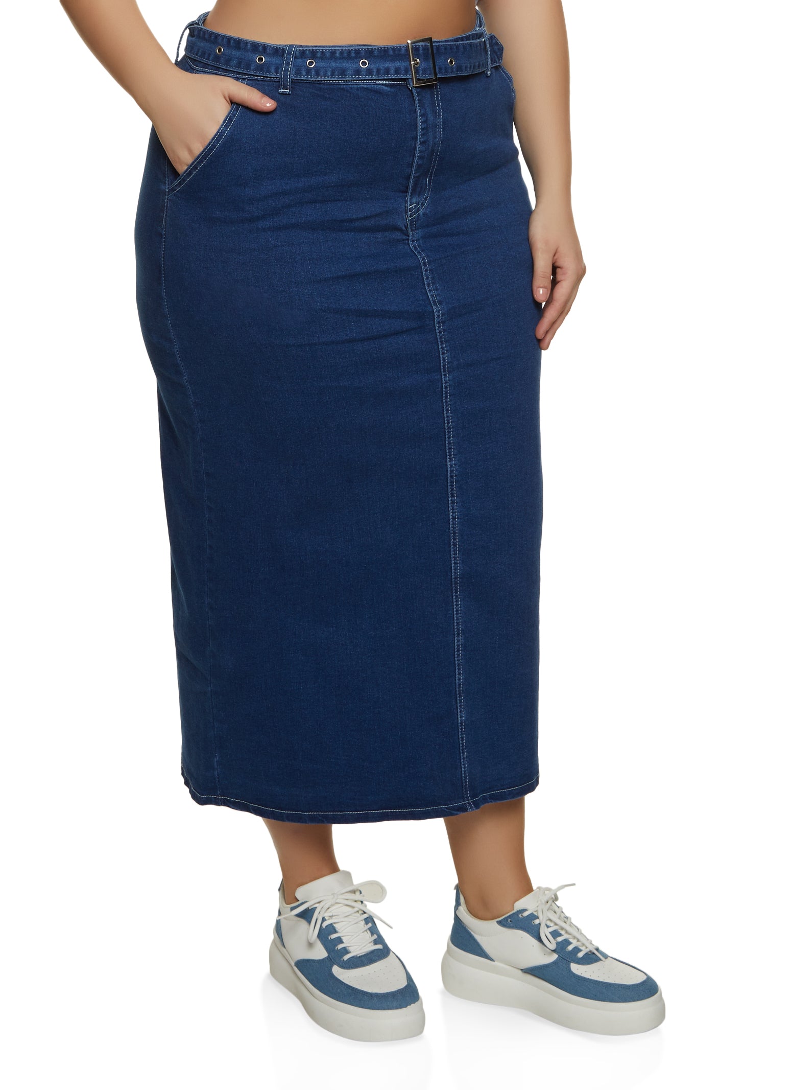 Plus Size Belted Denim Maxi Skirt