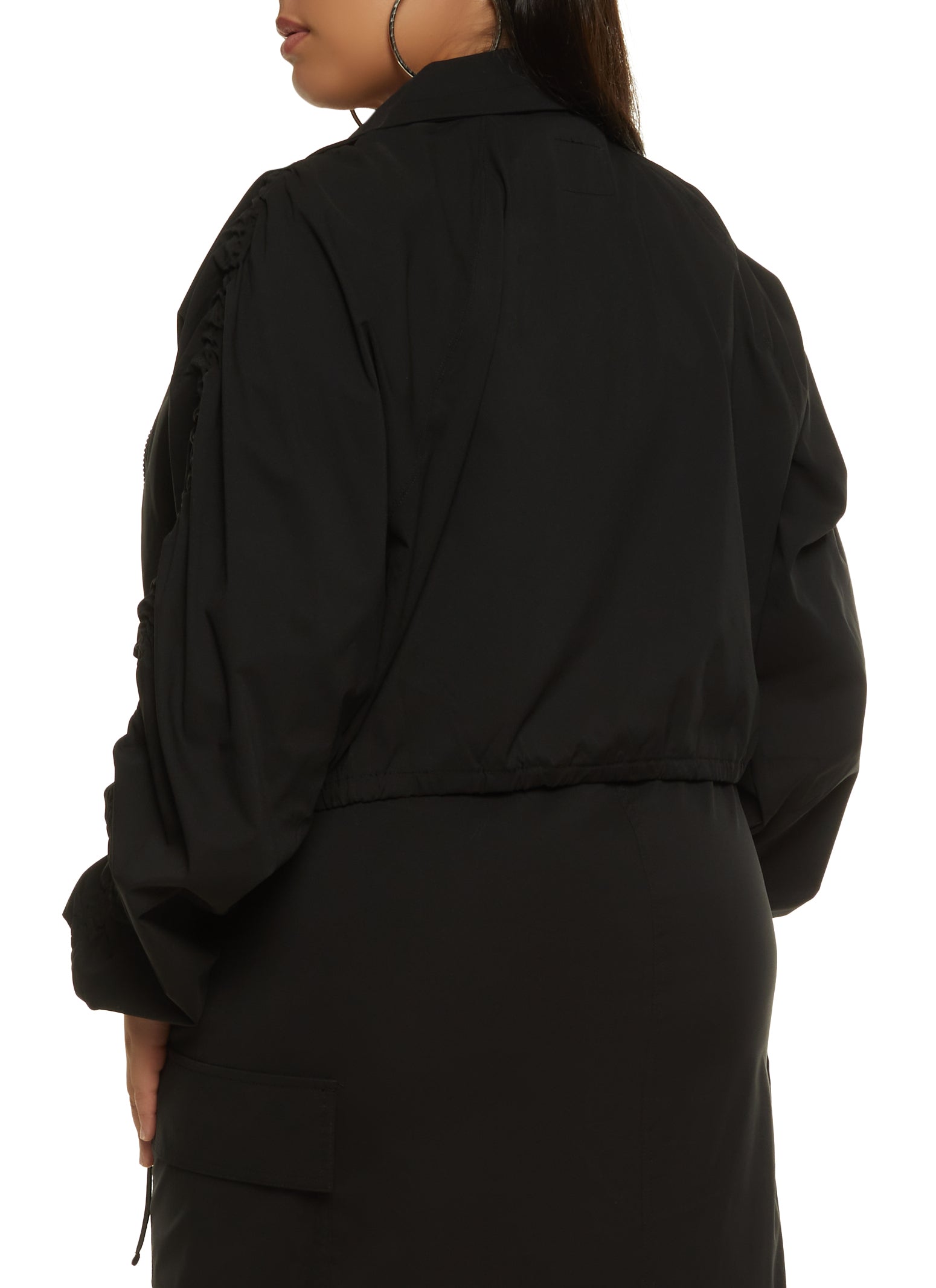 Plus Size Zip Front Ruched Sleeve Cropped Jacket