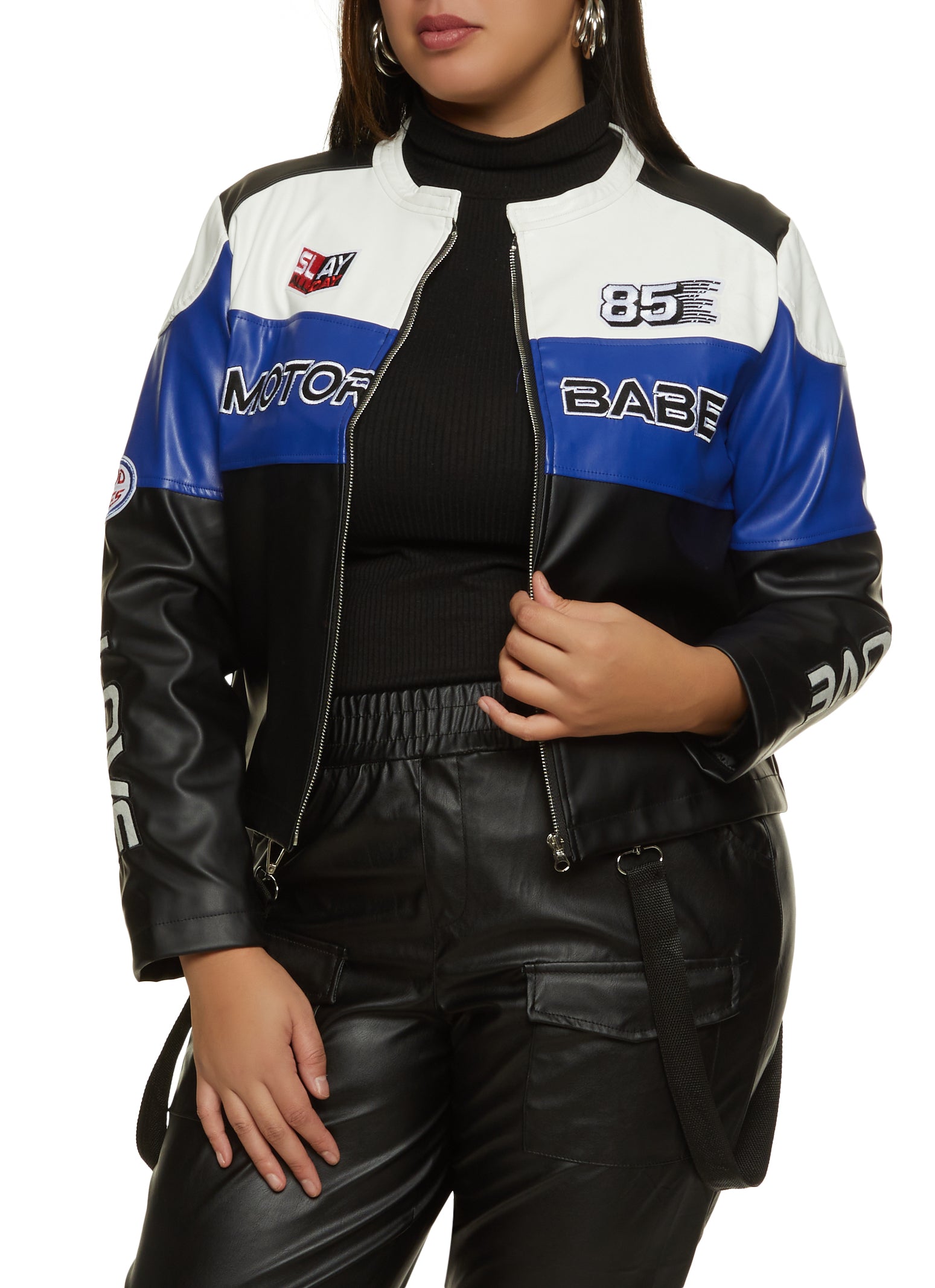 Plus Size Faux Leather Motor Babe Graphic Moto Jacket
