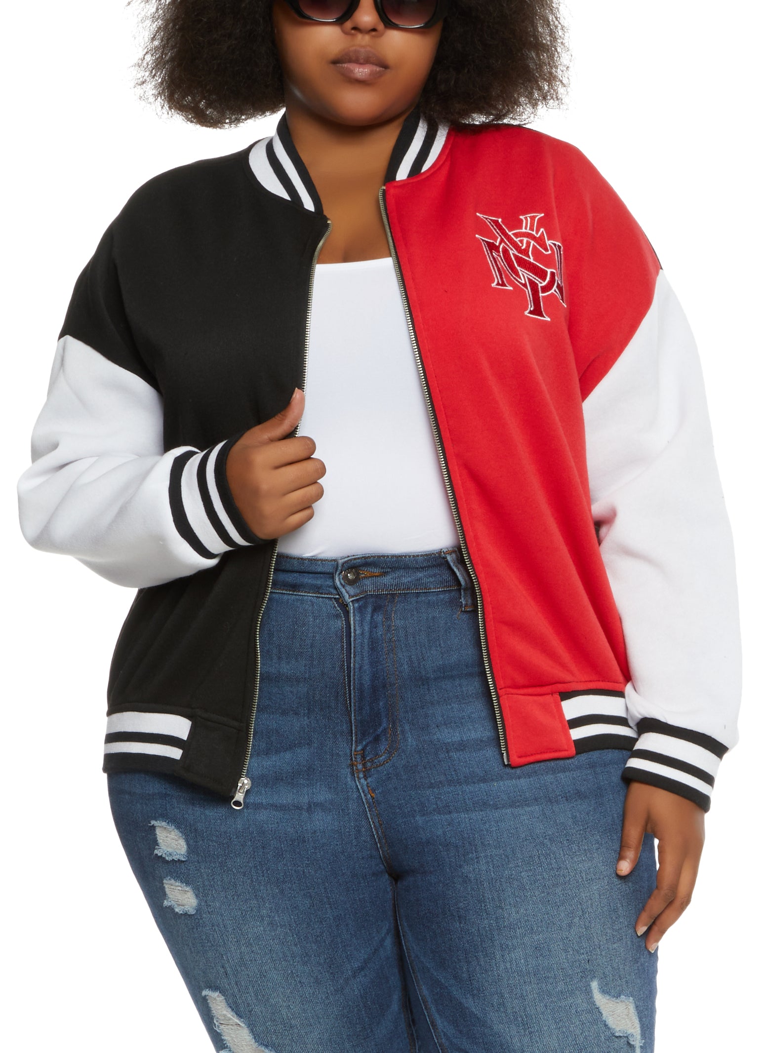 Plus Size Color Block NYC Zip Up Varsity Jacket