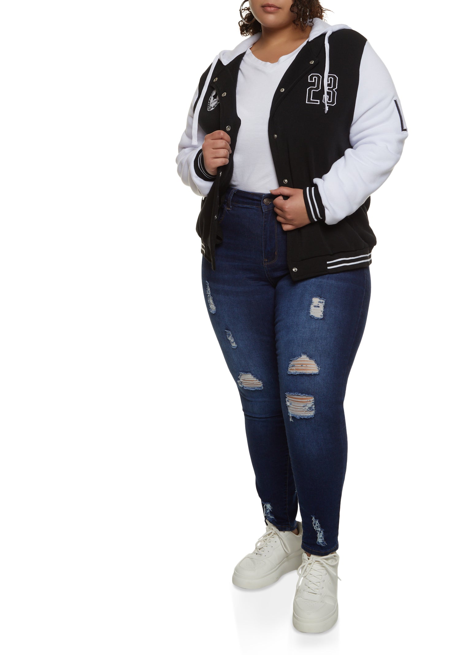 Plus Size 23 Patch Graphic Hooded Baseball Jacket