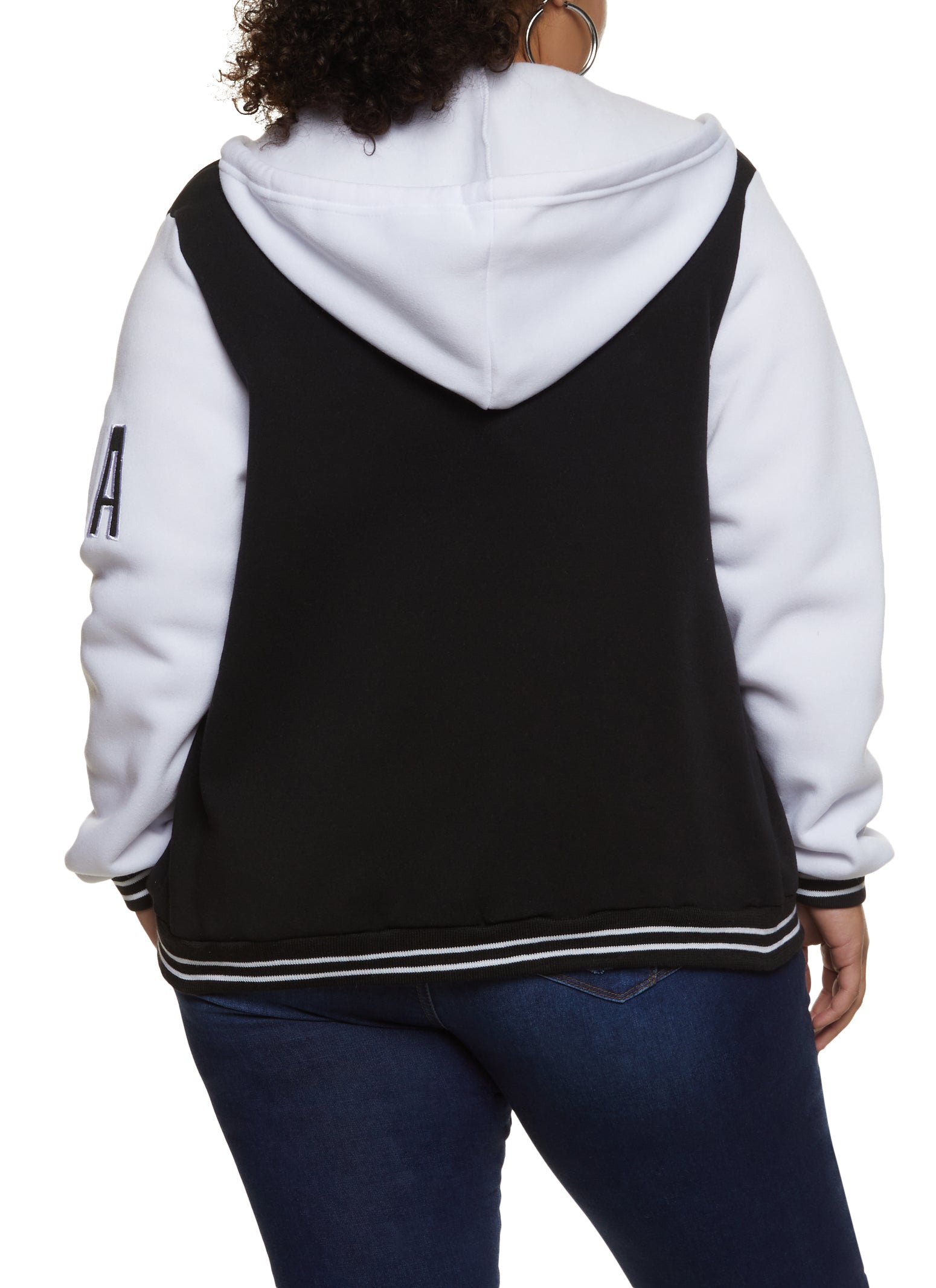 Plus Size 23 Patch Graphic Hooded Baseball Jacket