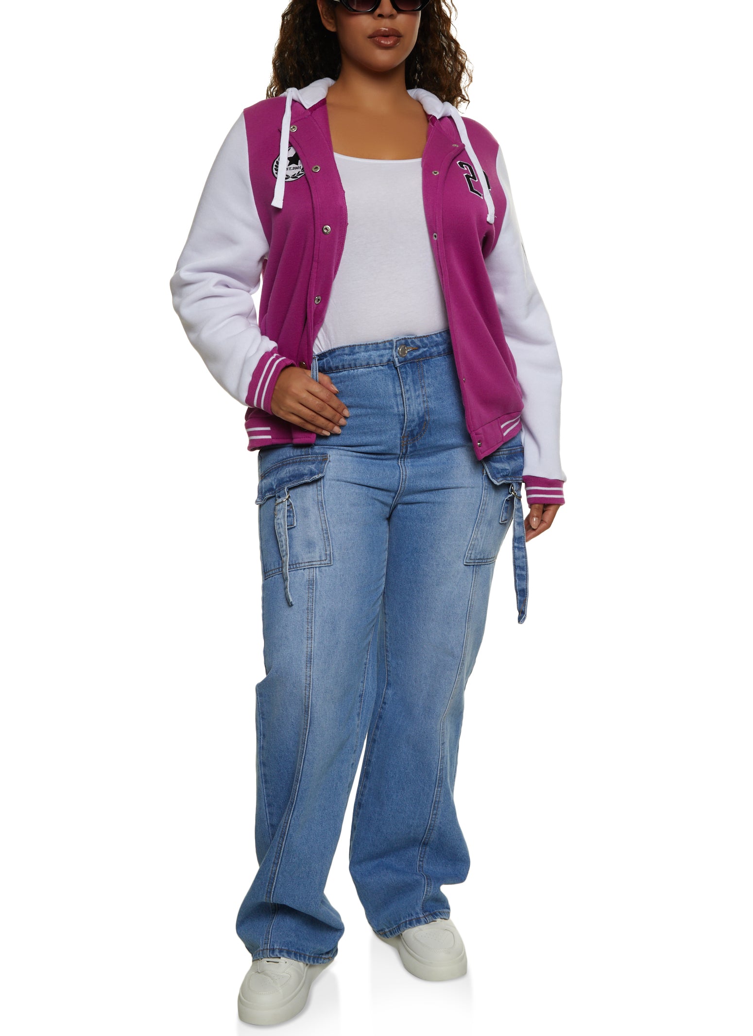 Plus Size 23 Patch Graphic Hooded Baseball Jacket