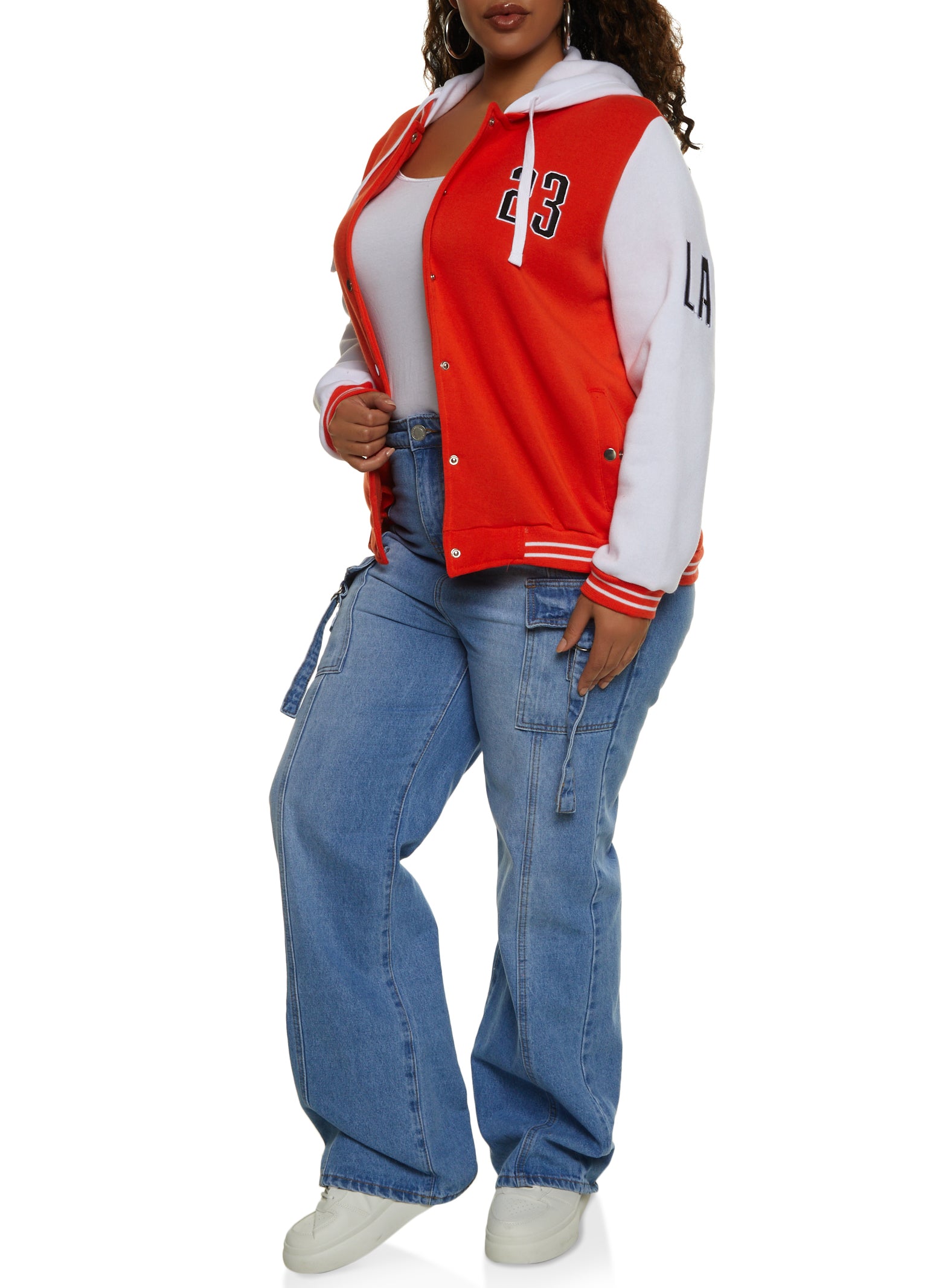 Plus Size 23 Patch Graphic Hooded Baseball Jacket