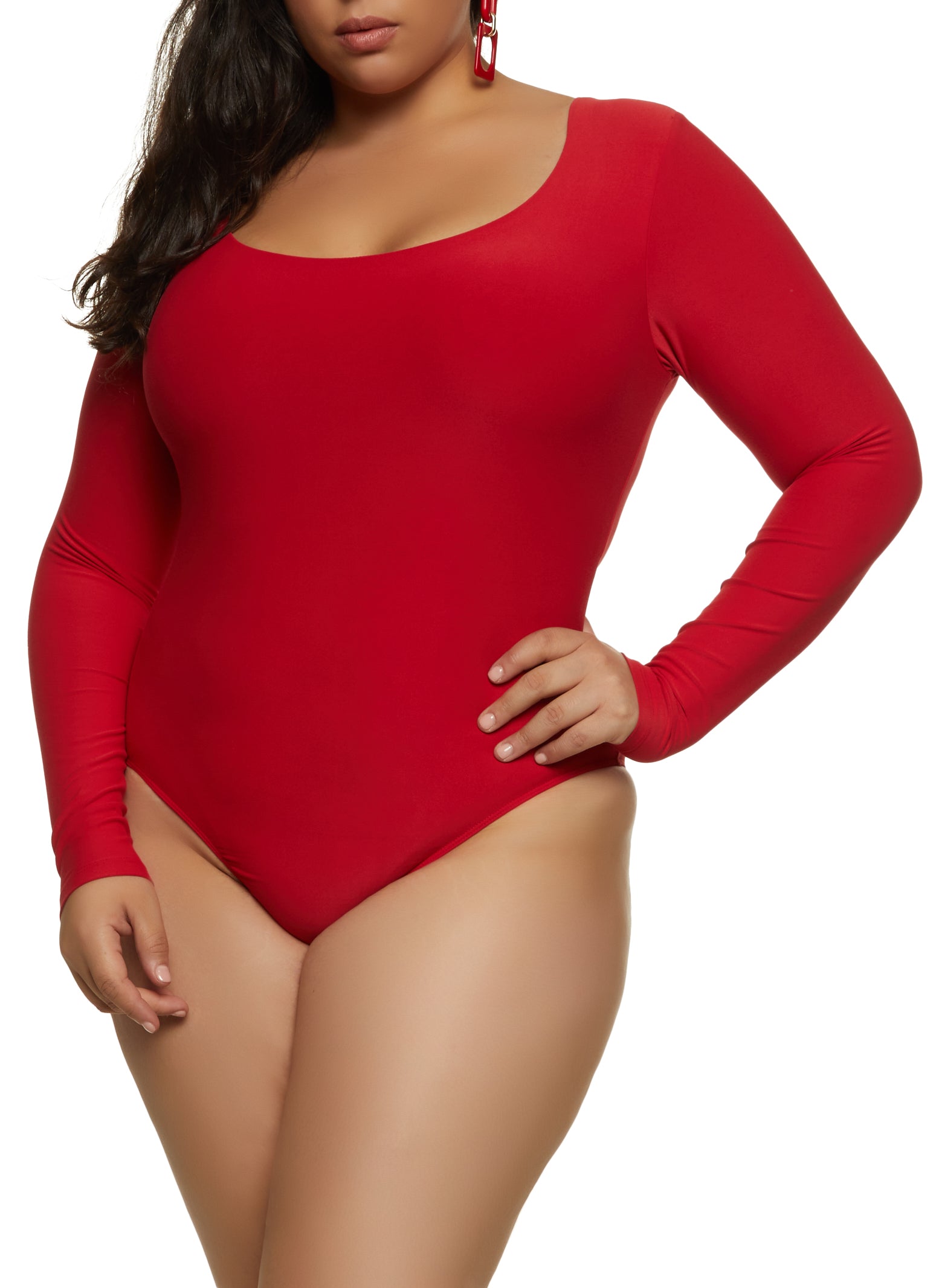 Plus Size Scoop Neck Long Sleeve Bodysuit - Red