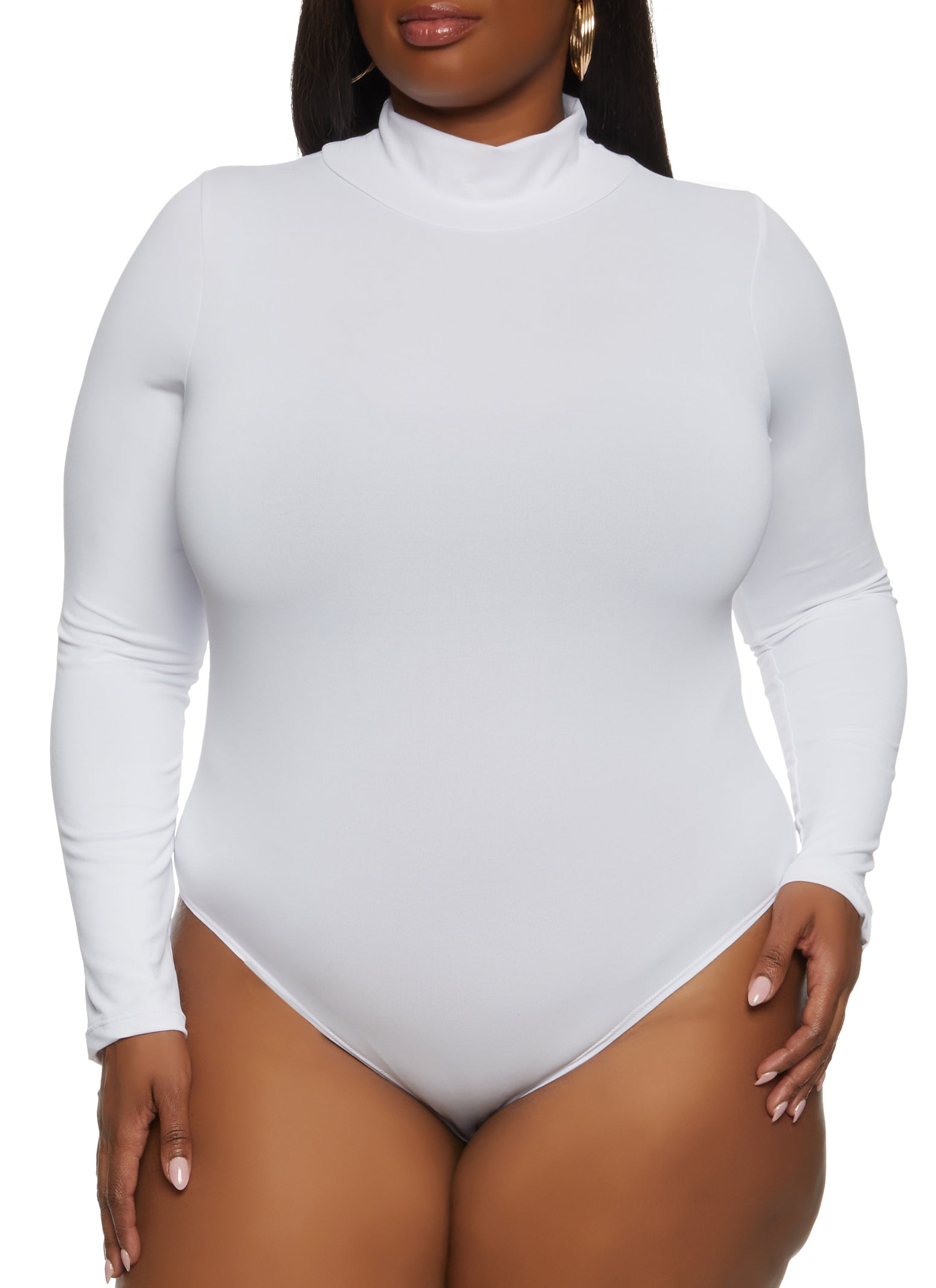 Plus Size Solid Mock Neck Long Sleeve Bodysuit - White
