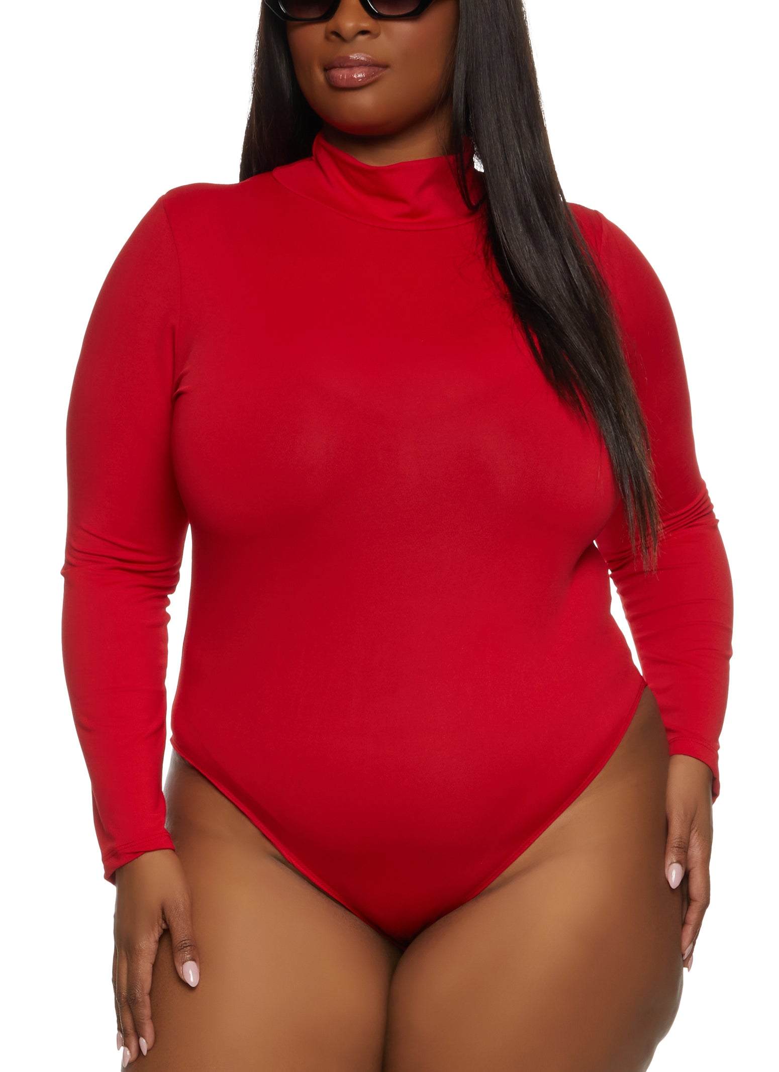 Plus Size Solid Mock Neck Long Sleeve Bodysuit - Red