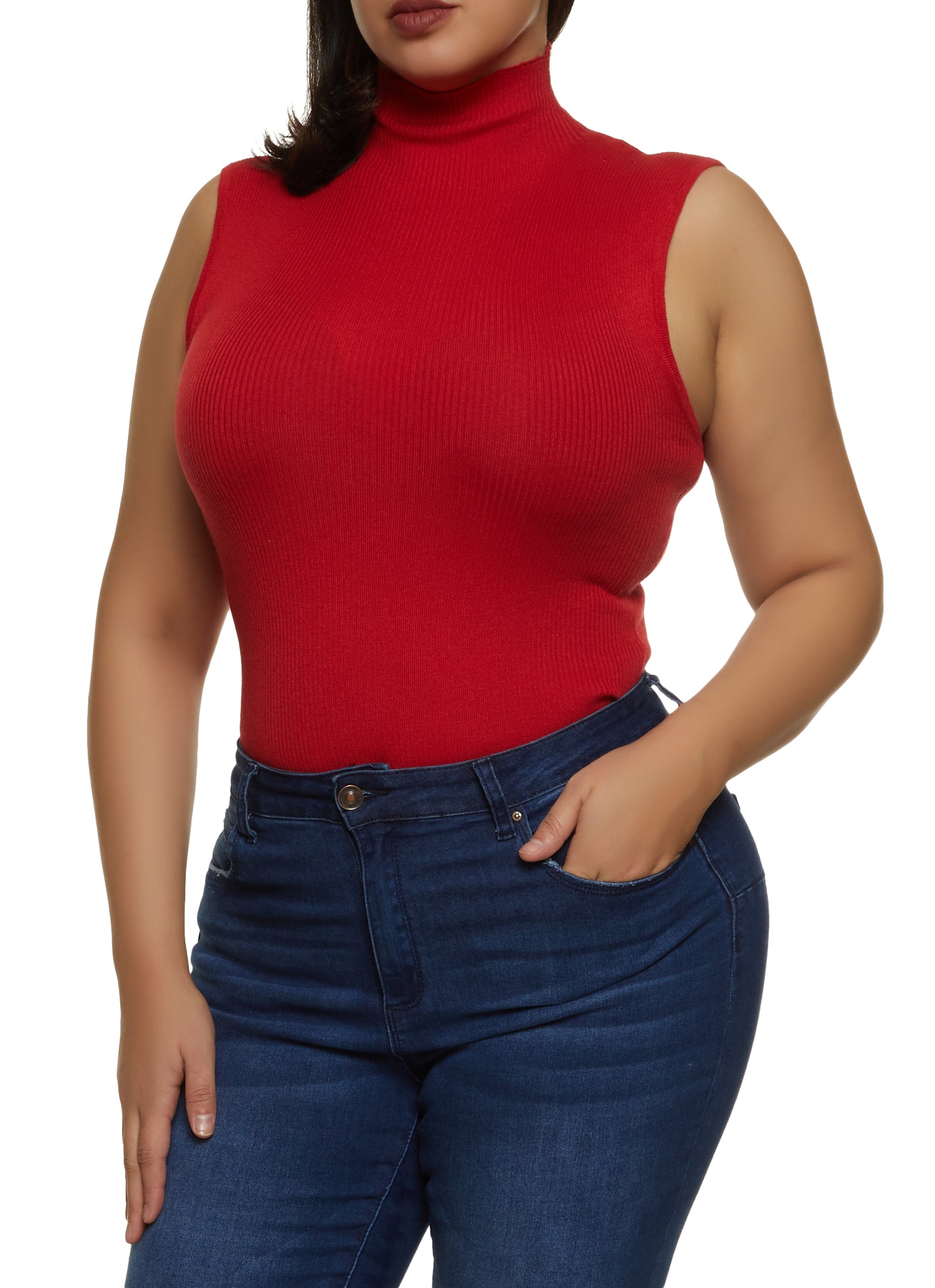 Plus Size Ribbed Knit Mock Neck Bodysuit - Red