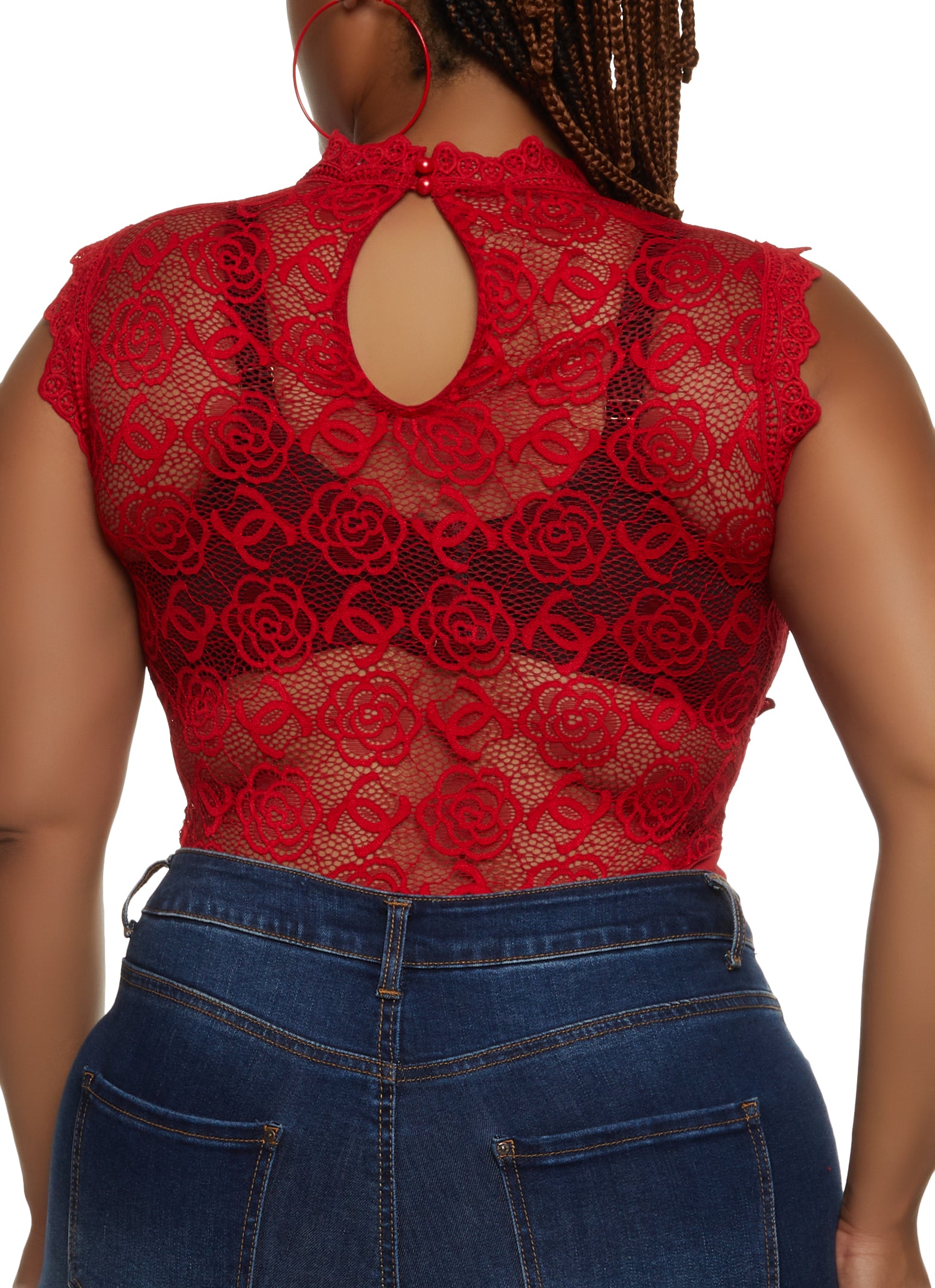 Plus Size Floral Lace Mock Neck Bodysuit
