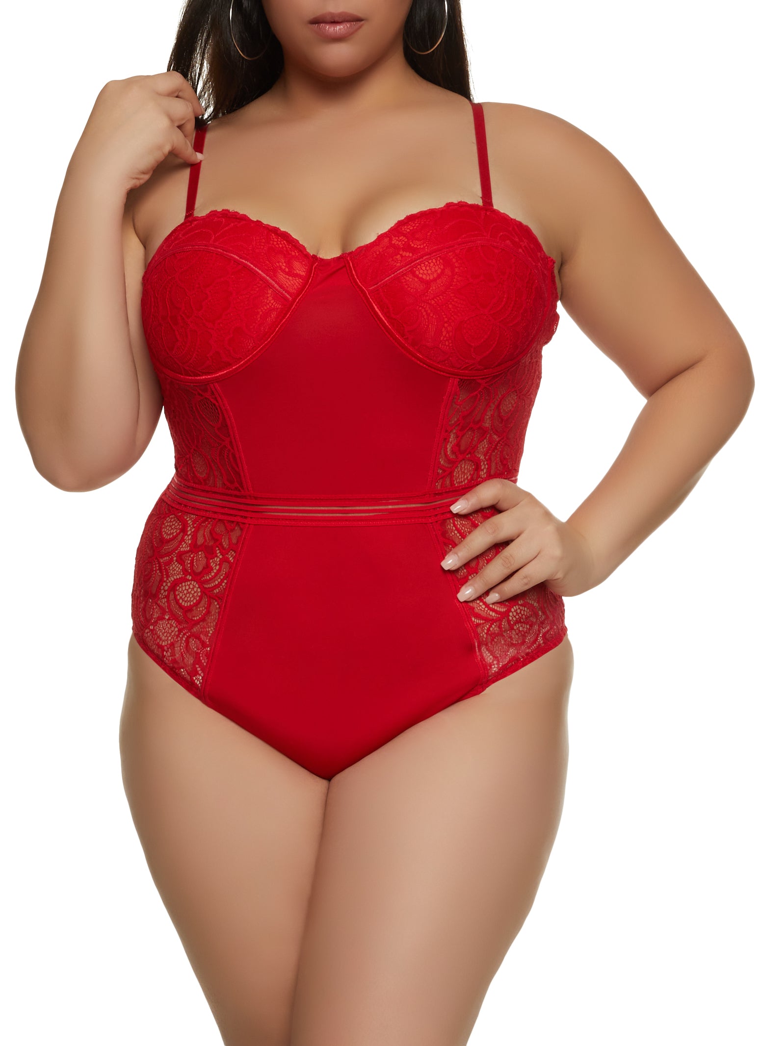 Plus Size Lace Cut Out Back Convertible Bodysuit - Red