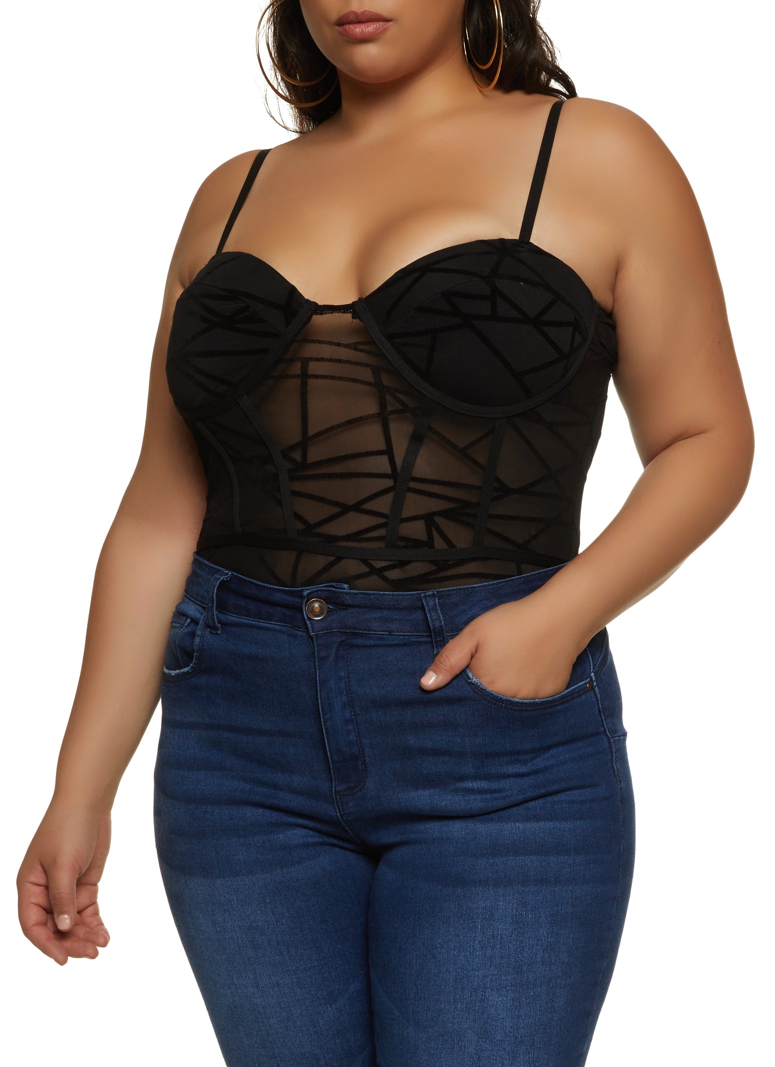 Plus Size Sexy Lingerie Mesh Burnout Velvet Cutout Thong Bodysuit