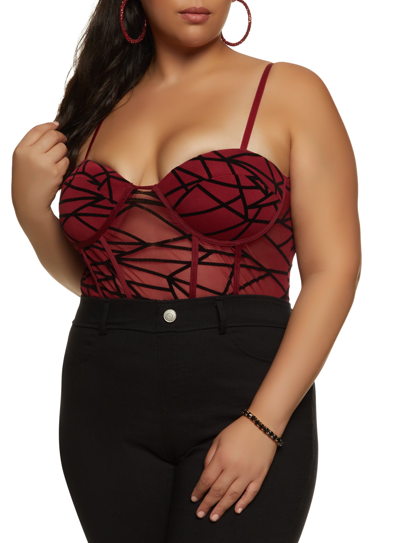 Plus Size Velvet Burnout Patterned Mesh Bodysuit - Red