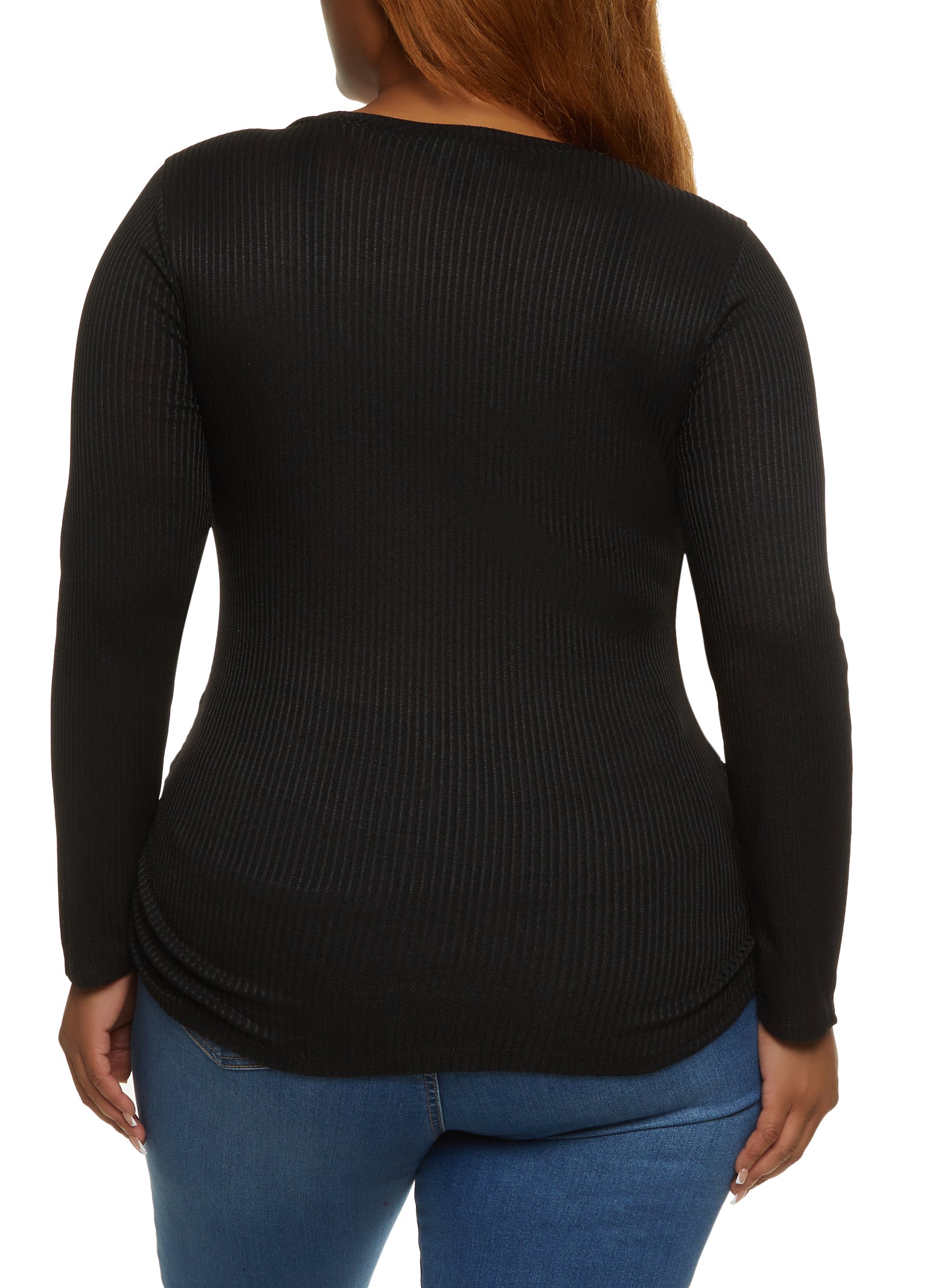 Plus Size Solid Ribbed Knit Long Sleeve Top