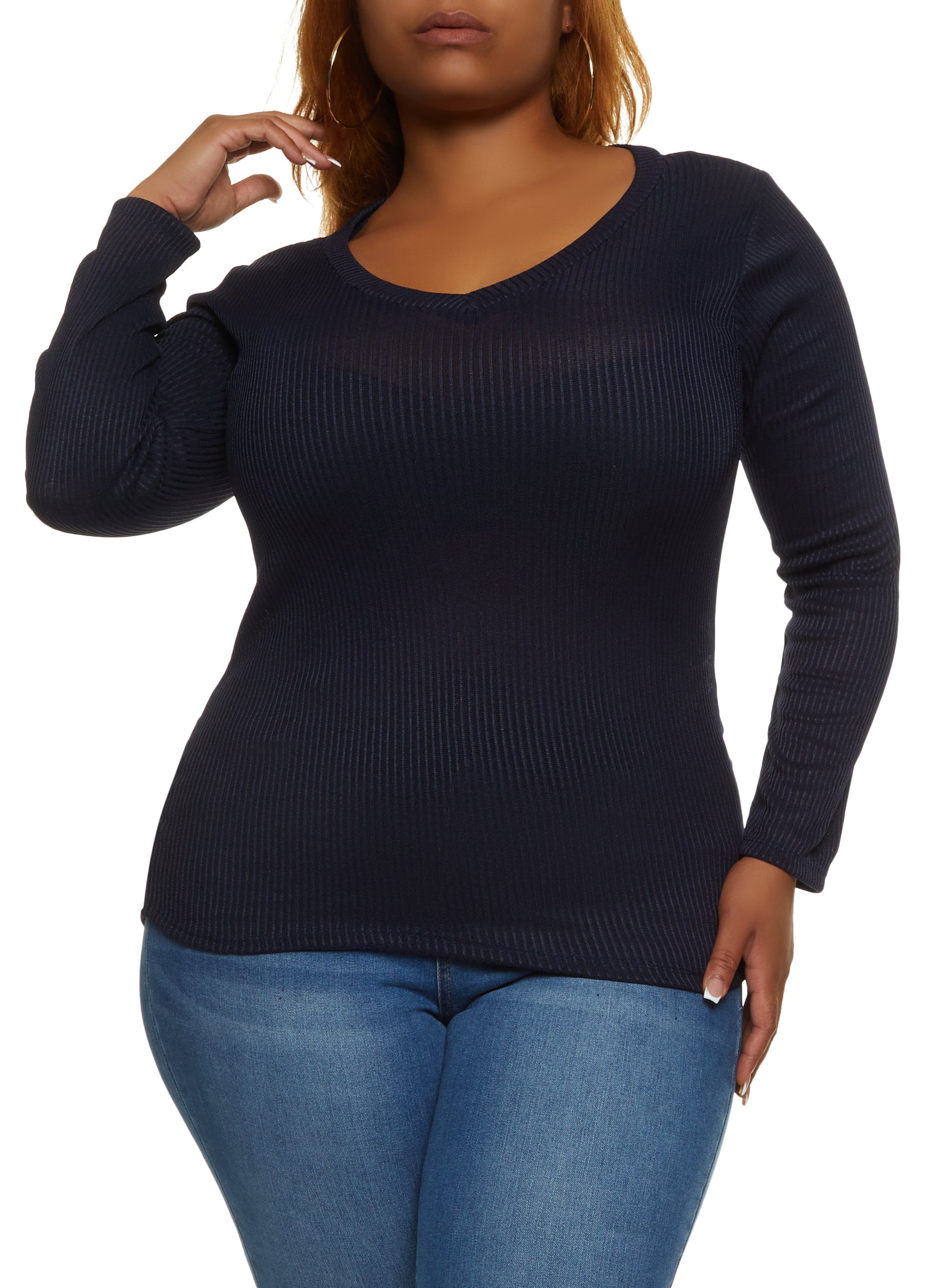 Plus Size Solid Ribbed Knit Long Sleeve Top